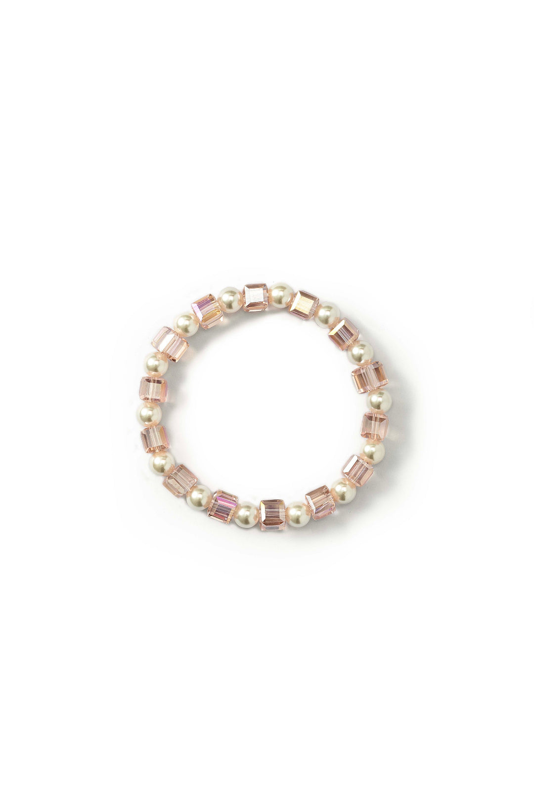 Aiko Tanaka Kosai no Wa pearl and crystal cube stretch bracelet in soft pink and blush tones, photographed on white