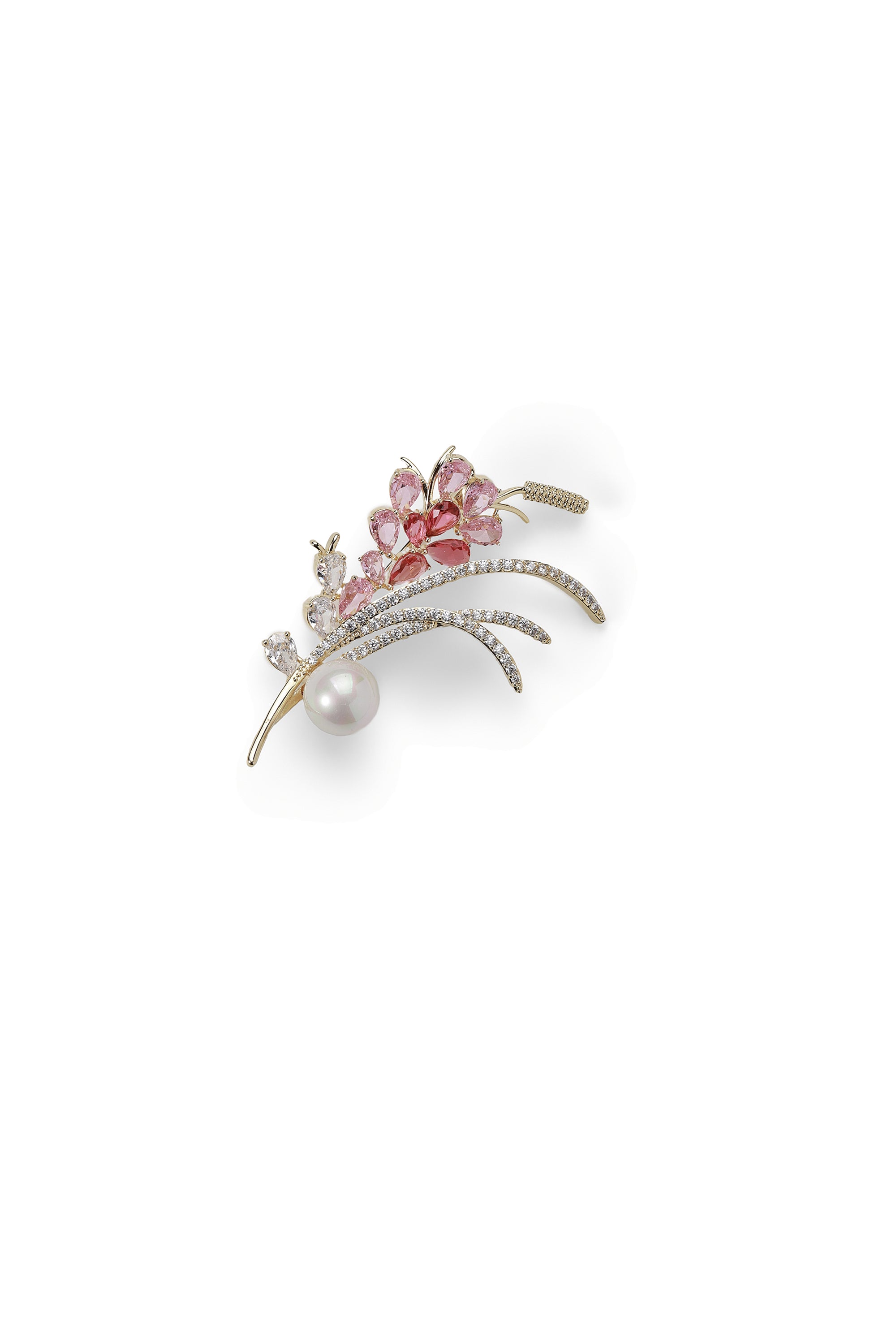 Aiko Tanaka Hana no Nagare brooch, a gold spray of pink crystal blossoms with a white pearl, on a white background