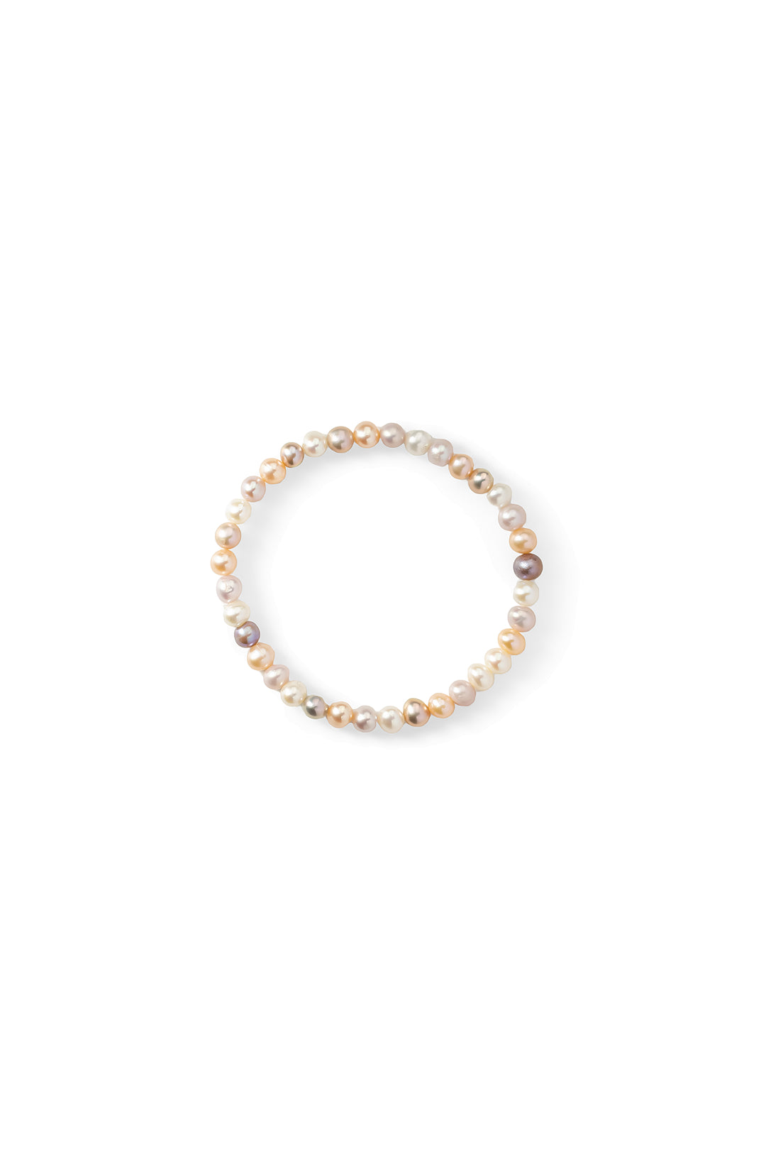 Aiko Tanaka Nagomi pearl bracelet, a stretch strand of small white, peach and lavender freshwater pearls, on white