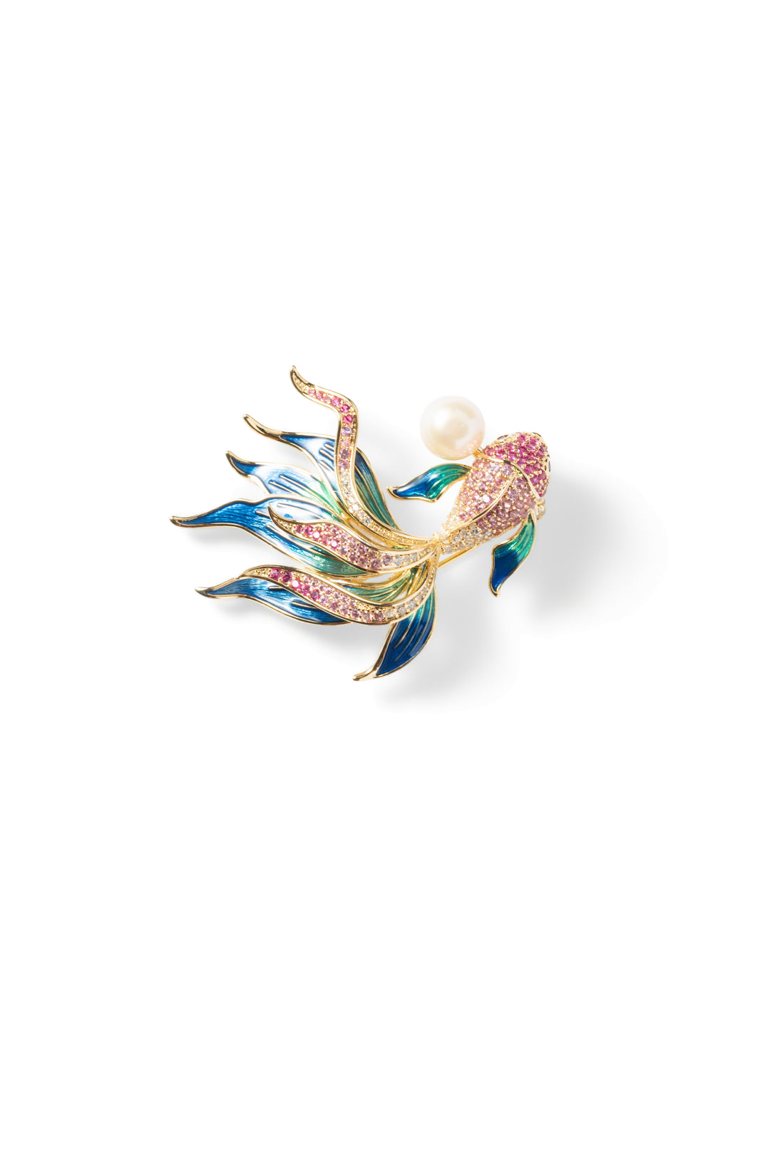 Aiko Tanaka Nishiki no Yume brooch, a koi fish of blue enamel and pink crystals holding a white pearl, on white