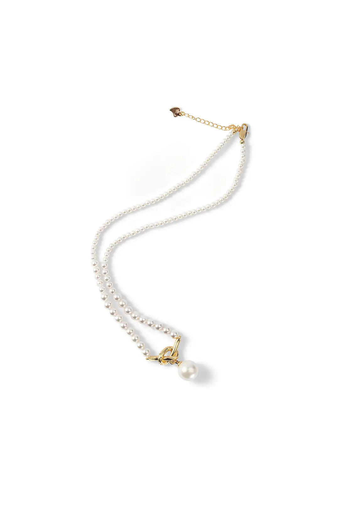 Aiko Tanaka Shizuku no Chigiri necklace of small white pearls with a gold toggle and a large pearl drop, on white