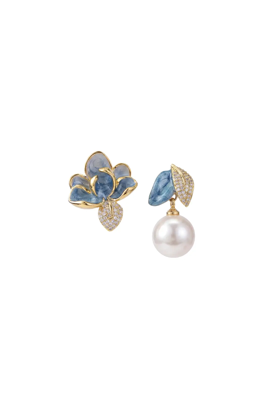 Aiko Tanaka Soka earrings, a blue enamel flower stud and a gold leaf stud with a white pearl drop, on white