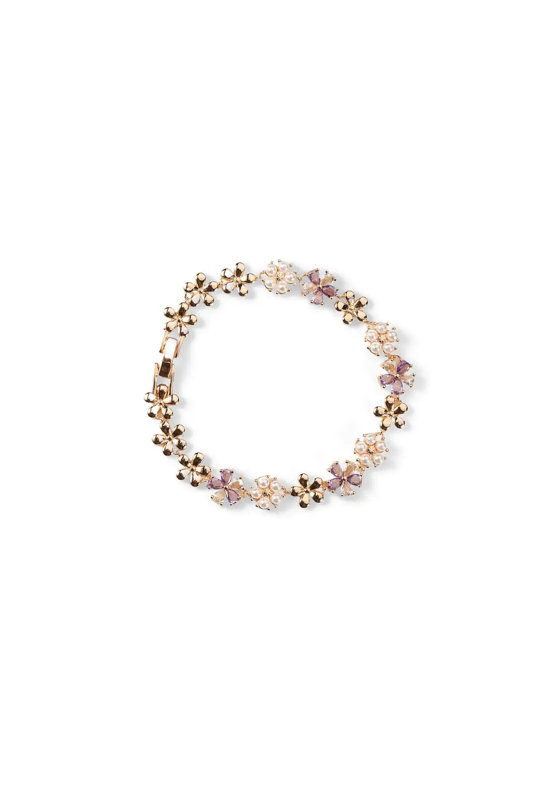 Aiko Tanaka Kasen bracelet, a gold chain of small pink and white flowers with tiny pearls, on a white background