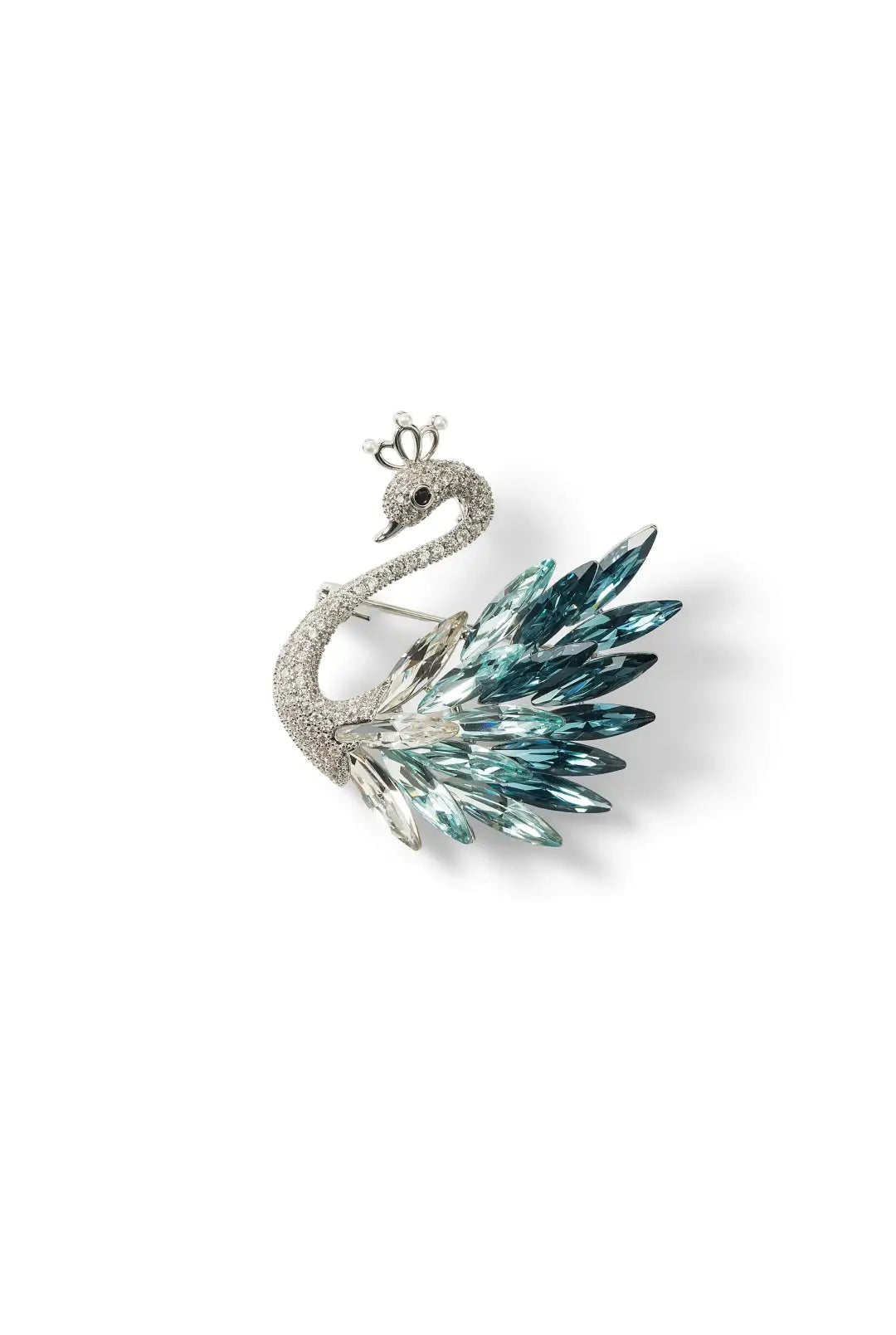 Aiko Tanaka Shiraha brooch, a crowned silver crystal swan with teal and blue crystal wings, on a white background