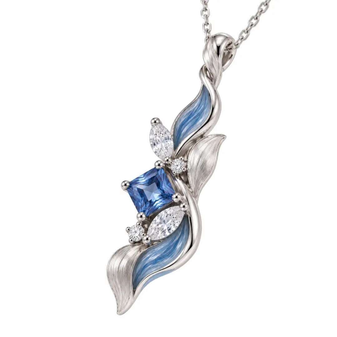 Aiko Tanaka High Jewelry No. 023 necklace, a blue enamel wave pendant with a square blue stone on a silver chain
