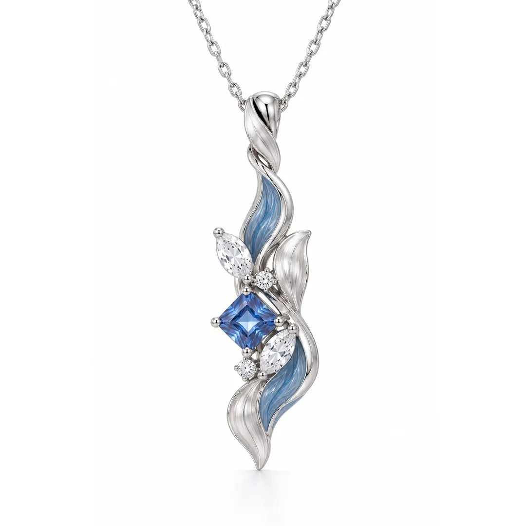 Aiko Tanaka High Jewelry No. 023 necklace, a slim silver and blue enamel wave pendant with a blue stone, on white