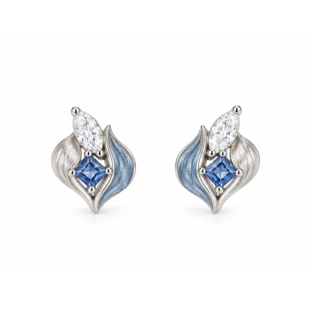 Aiko Tanaka High Jewelry No. 022 earrings, a pair of blue enamel leaf studs with blue and clear stones, white background