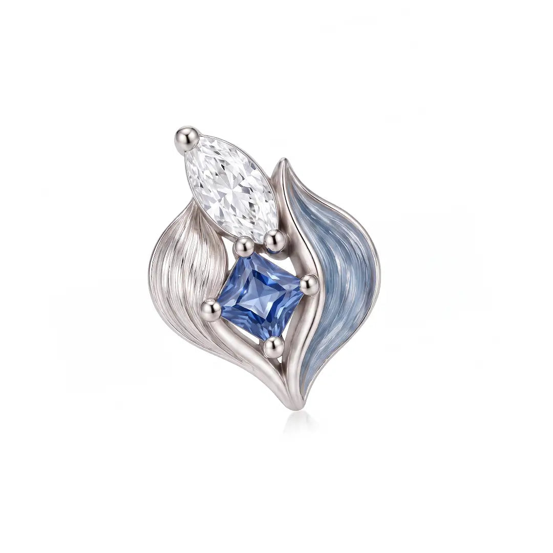 Aiko Tanaka High Jewelry No. 022 earring close-up, a blue enamel petal stud with a blue stone and clear marquise