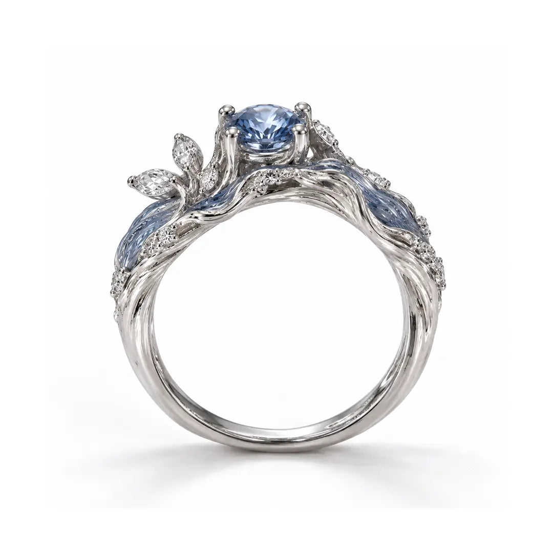 Aiko Tanaka High Jewelry No. 024 ring front view, a blue stone crowned band with enamel waves, on a white background