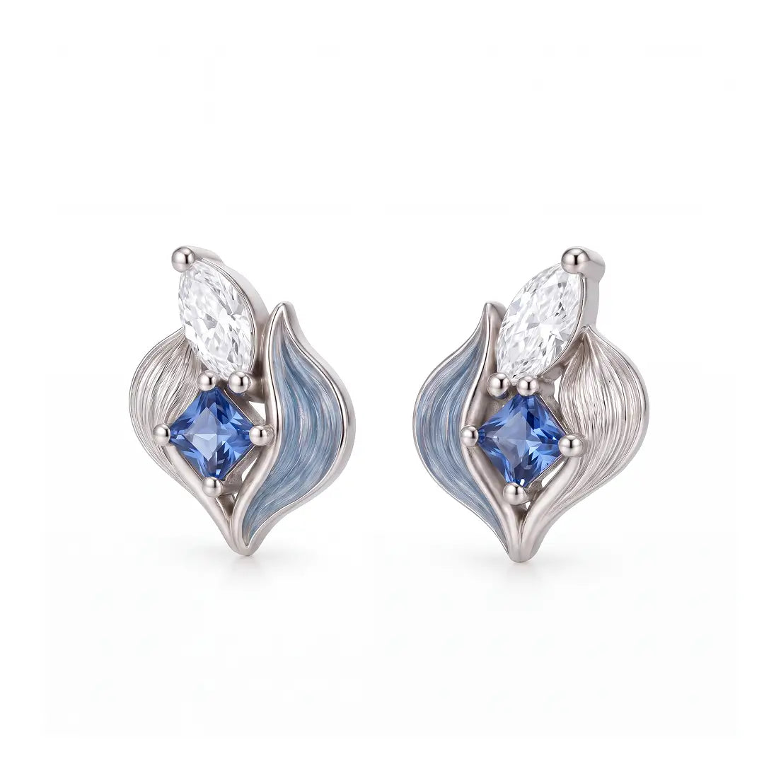 Aiko Tanaka High Jewelry No. 022 earrings, silver and blue enamel petal studs with square blue stones, on white