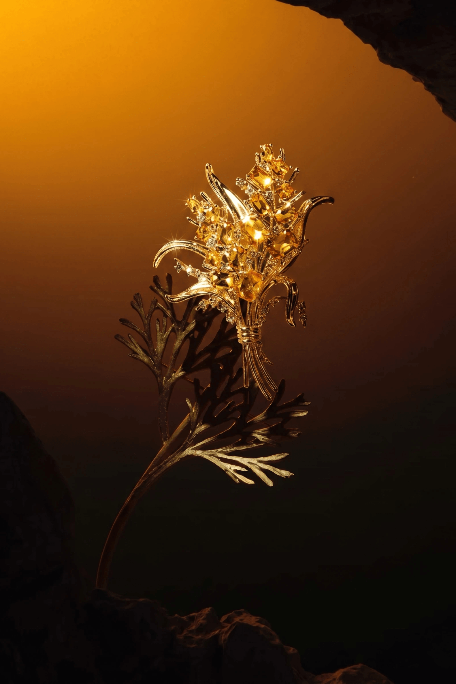 Aiko Tanaka Kogane no Minori gold crystal spray brooch glowing against warm amber light inside a dark rock arch