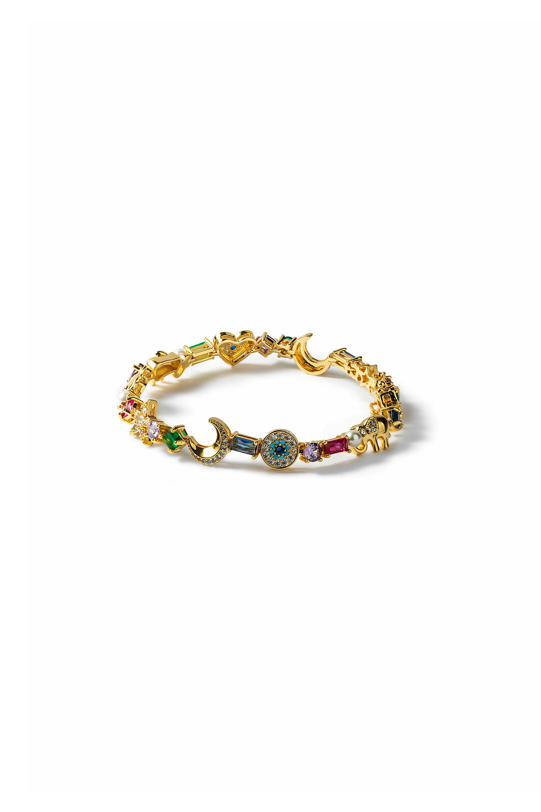 Aiko Tanaka Omamori gold bracelet with colorful stone and enamel charms laid flat, side view on white