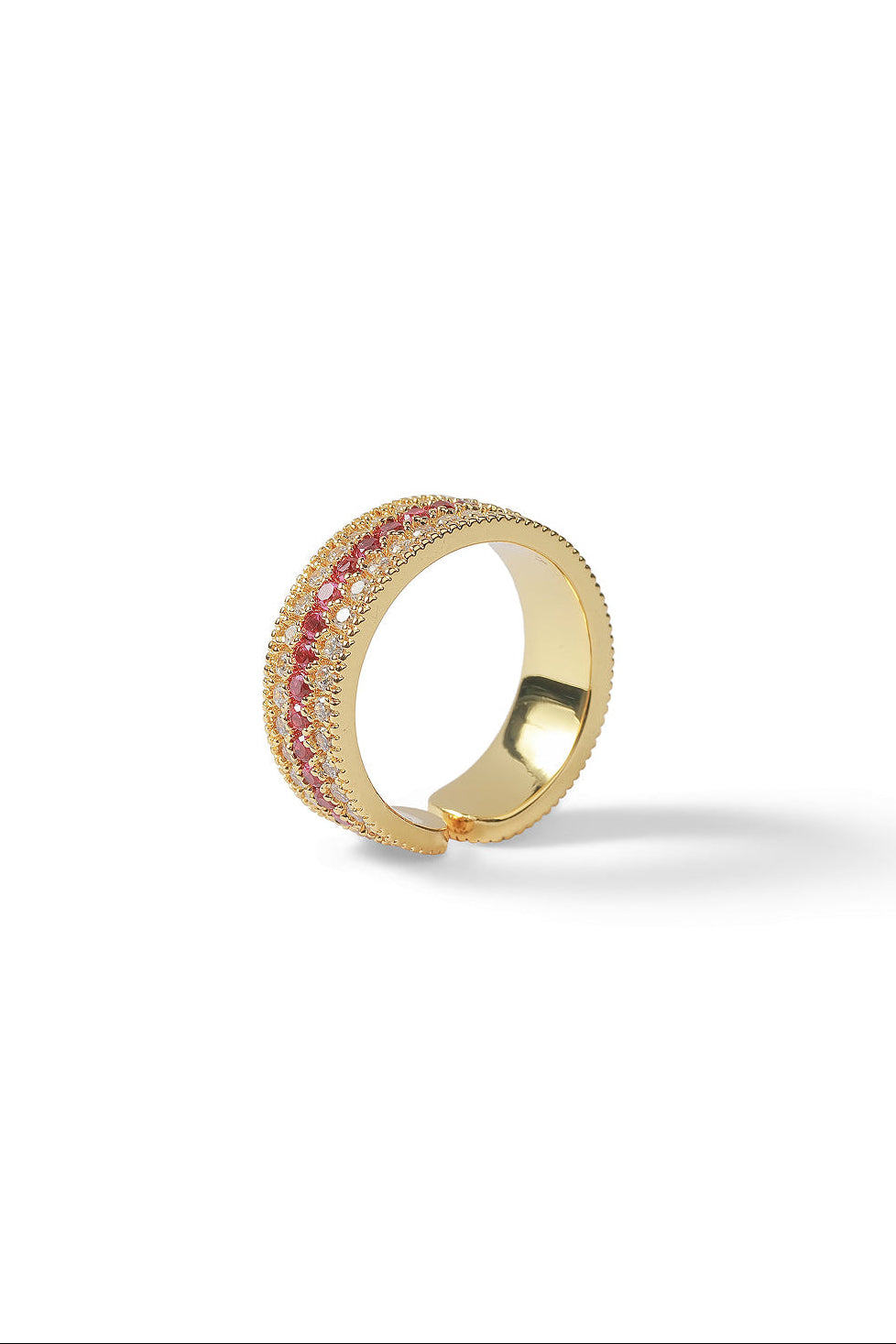 Aiko Tanaka Kiseki gold band ring with a row of pink stones, side view on a plain white background