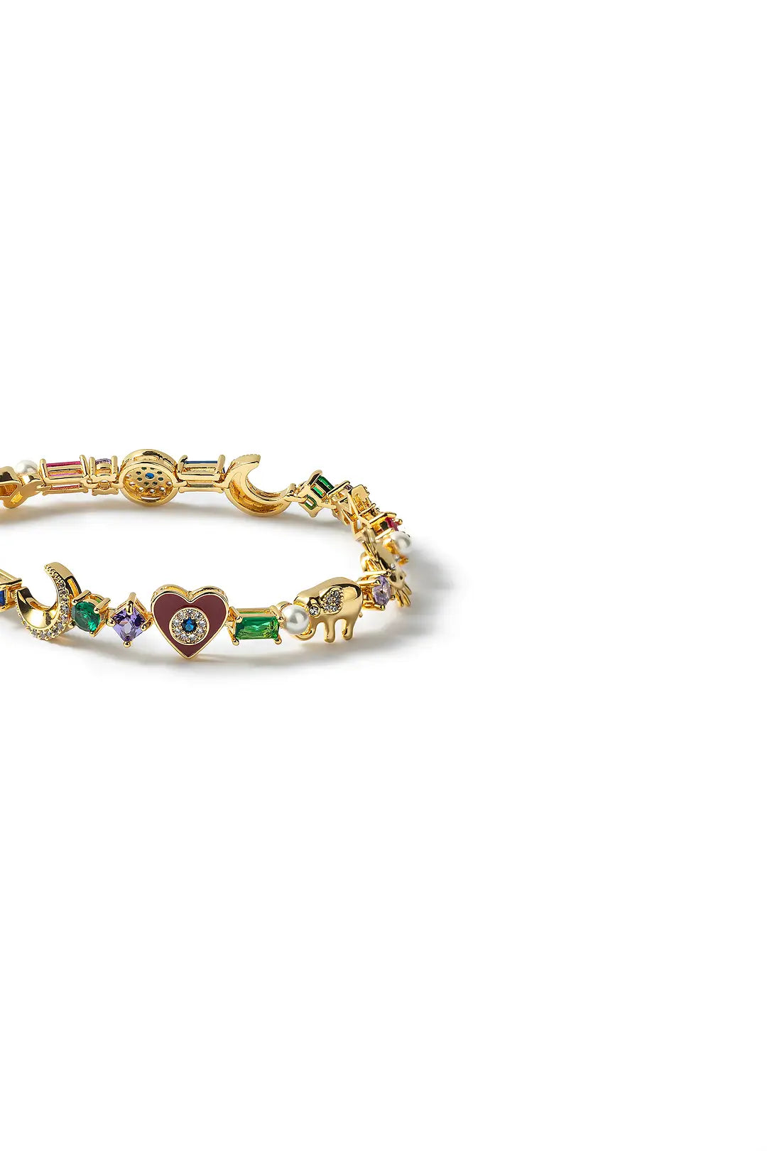 Aiko Tanaka Omamori bracelet, a gold link chain with colorful enamel charms and a red heart, on a white background