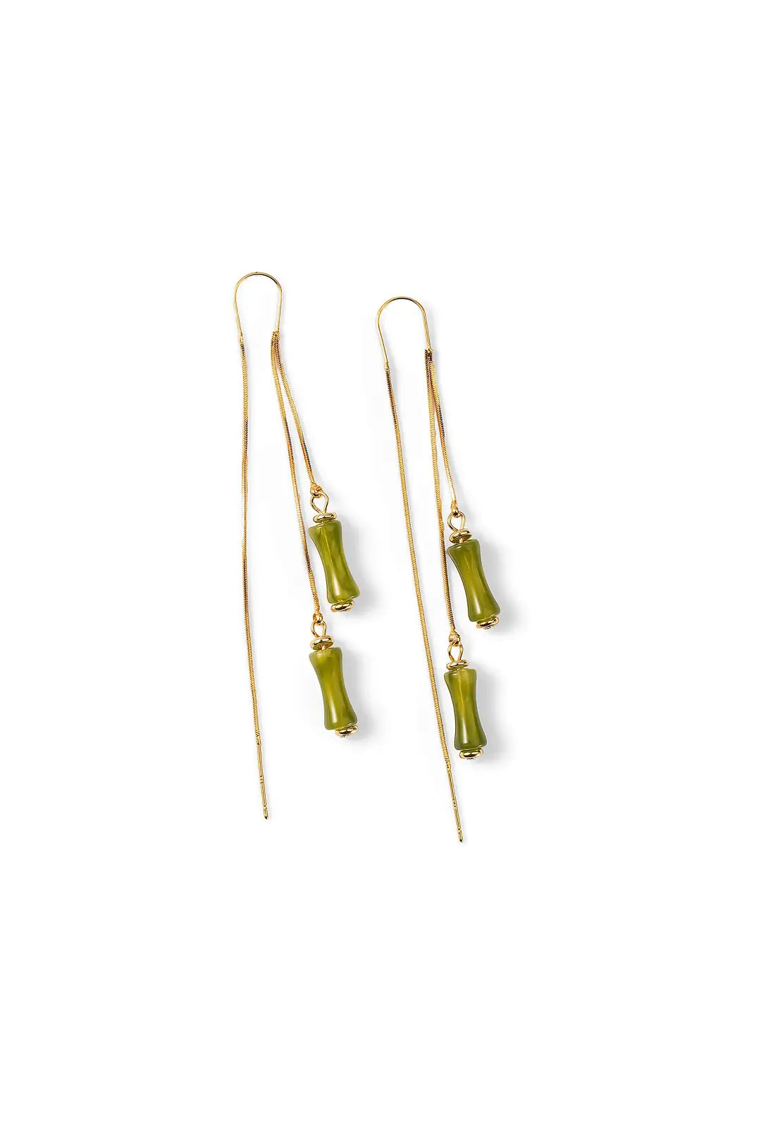 Aiko Tanaka Take no Kaze earrings, gold threader earrings with green bamboo-shaped drops, on a white background