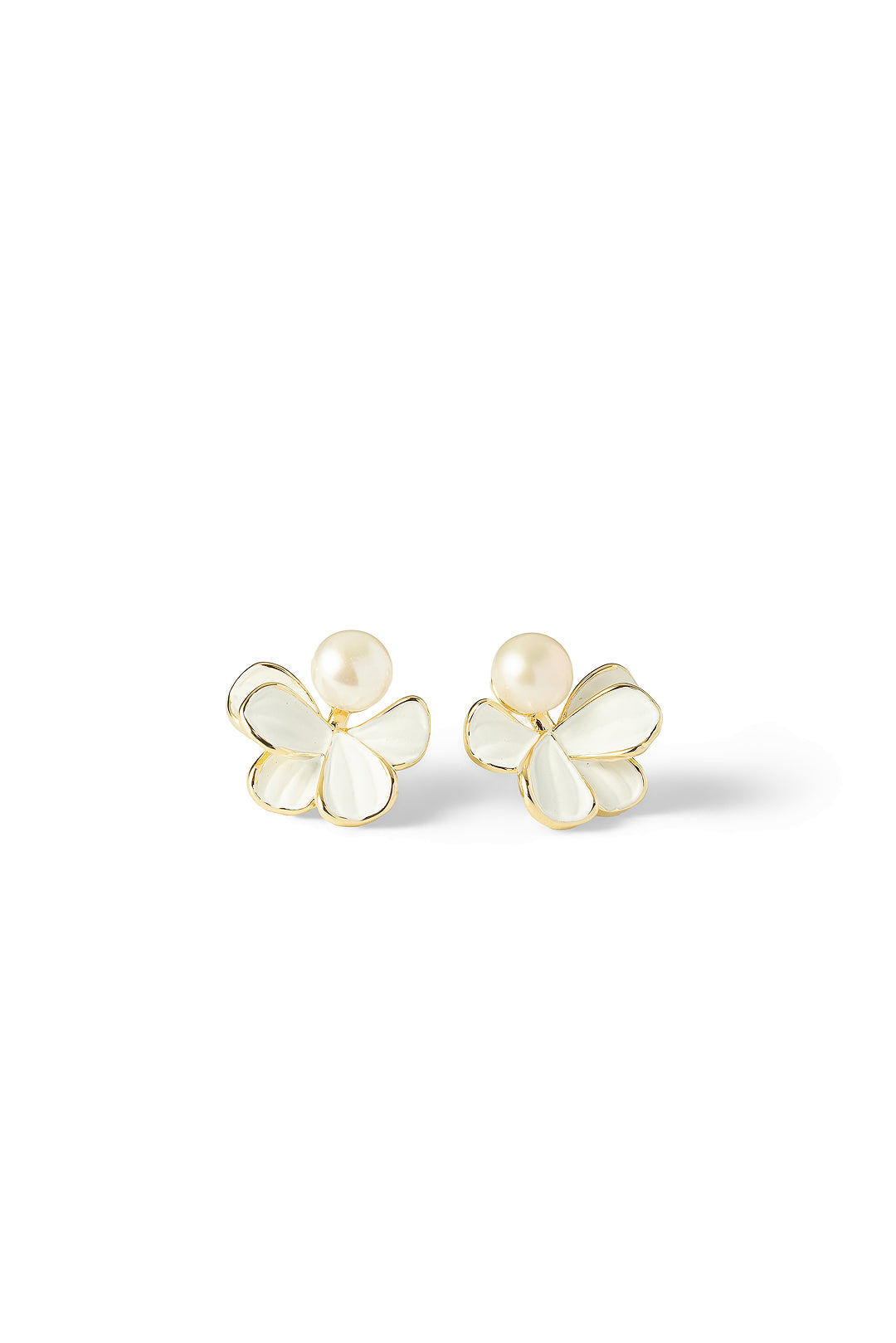Aiko Tanaka Kasumi Veil earrings, white enamel flower studs with three petals and a white pearl each, on white