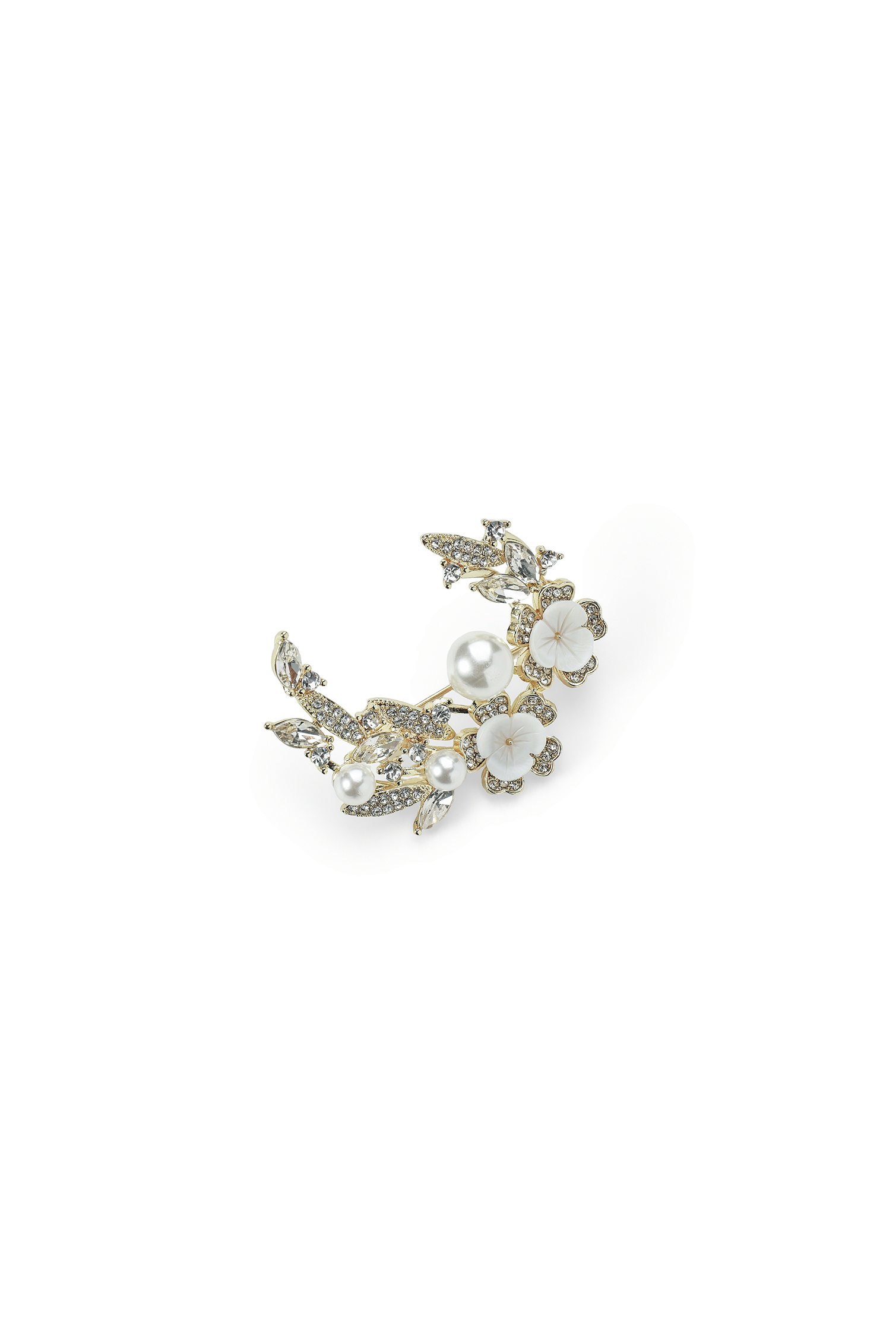 Aiko Tanaka Shiro no Kage brooch, a crescent of crystal leaves, white pearls and mother-of-pearl flowers, on white