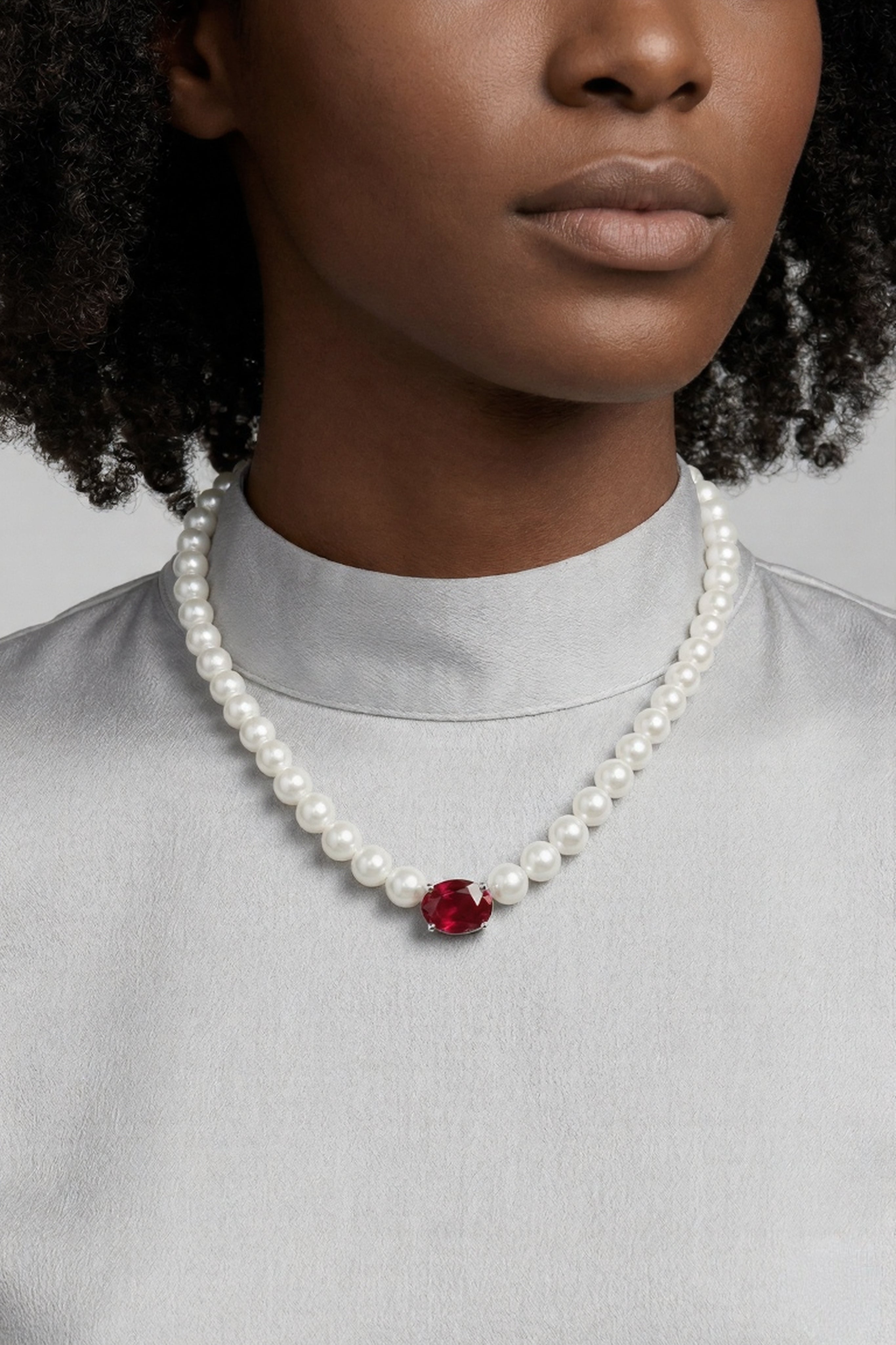 Model in a grey mock-neck top wearing the Aiko Tanaka Aka no Kyokai white pearl necklace with a red stone at the center