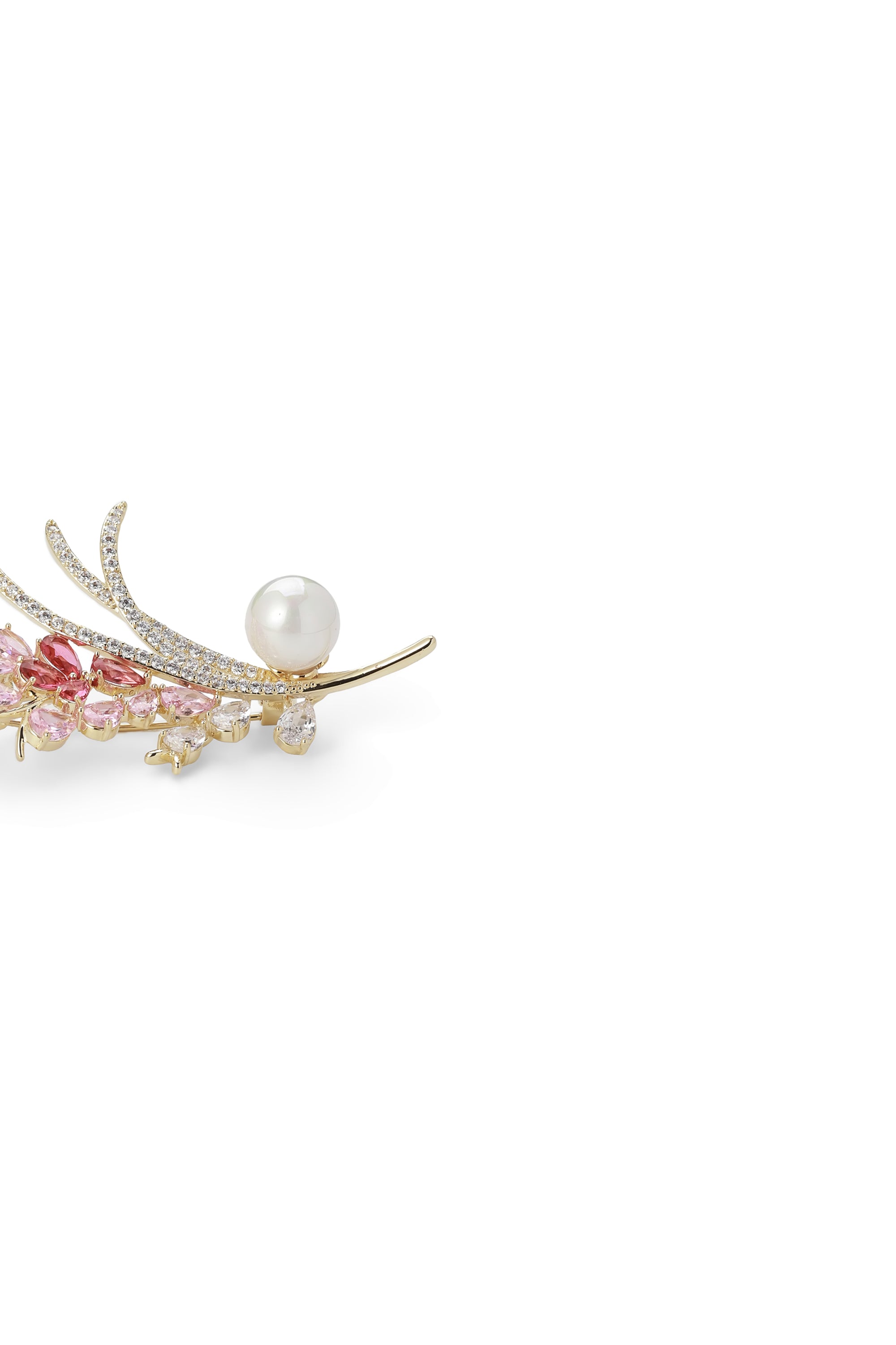 Side view of the Aiko Tanaka Hana no Nagare gold pearl brooch with pink crystal blossoms and fine pave stems, on white