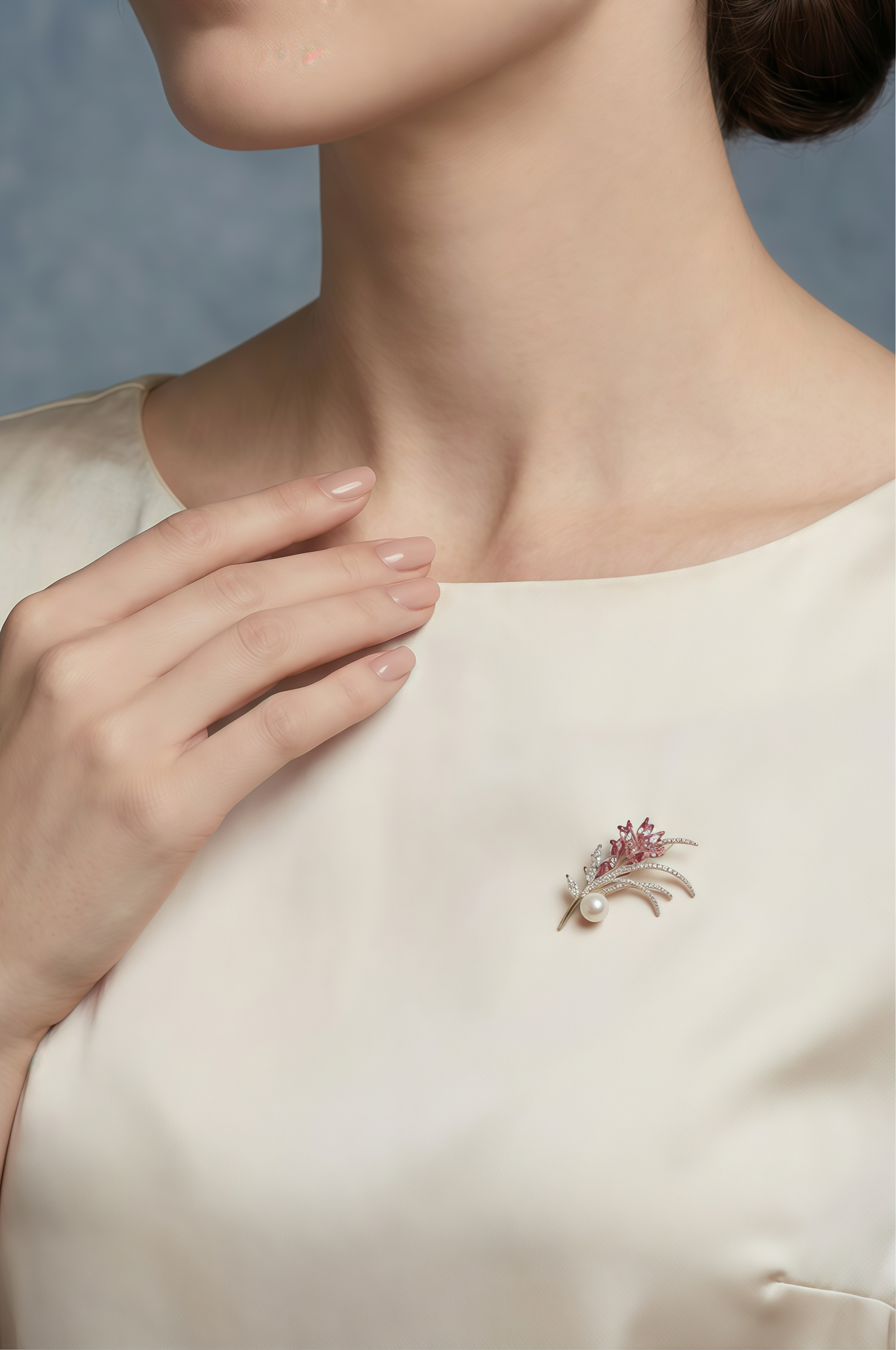Woman in a cream silk top wearing the Aiko Tanaka Hana no Nagare pink crystal and pearl brooch near her collarbone