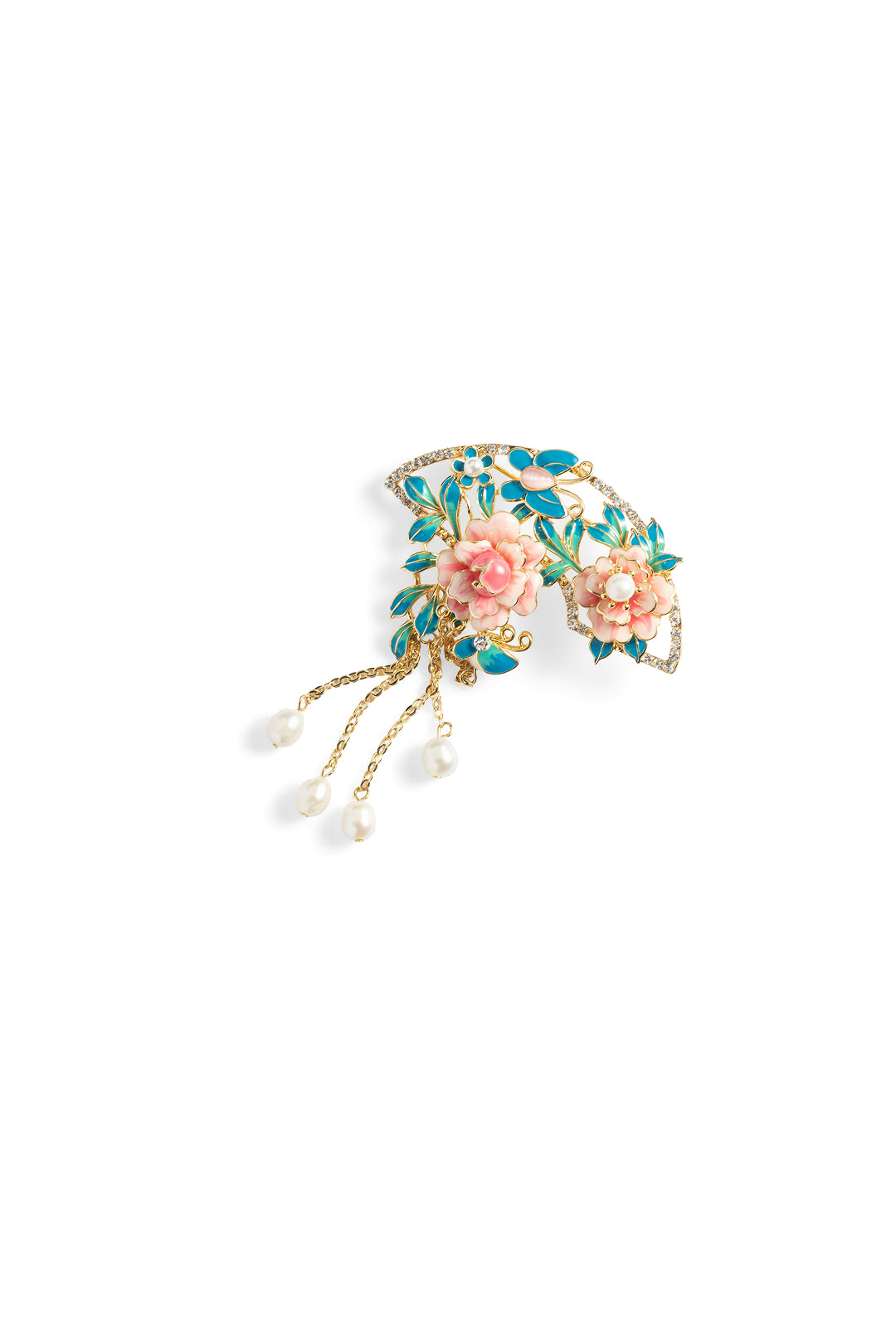 Aiko Tanaka Hanagasumi brooch, a teal and gold fan of pink flowers with pearl drop tassels, on a white background