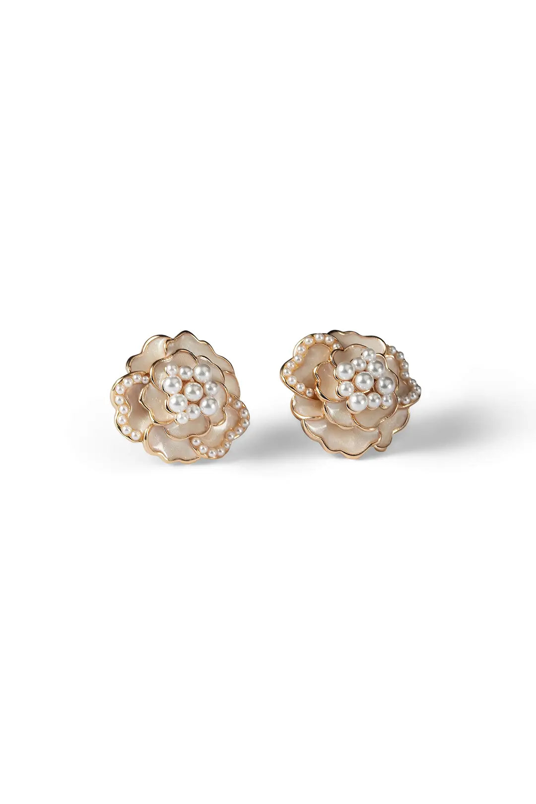 Aiko Tanaka Hanakage earrings, a pair of rose gold crystal flower studs with layered petals, on a white background