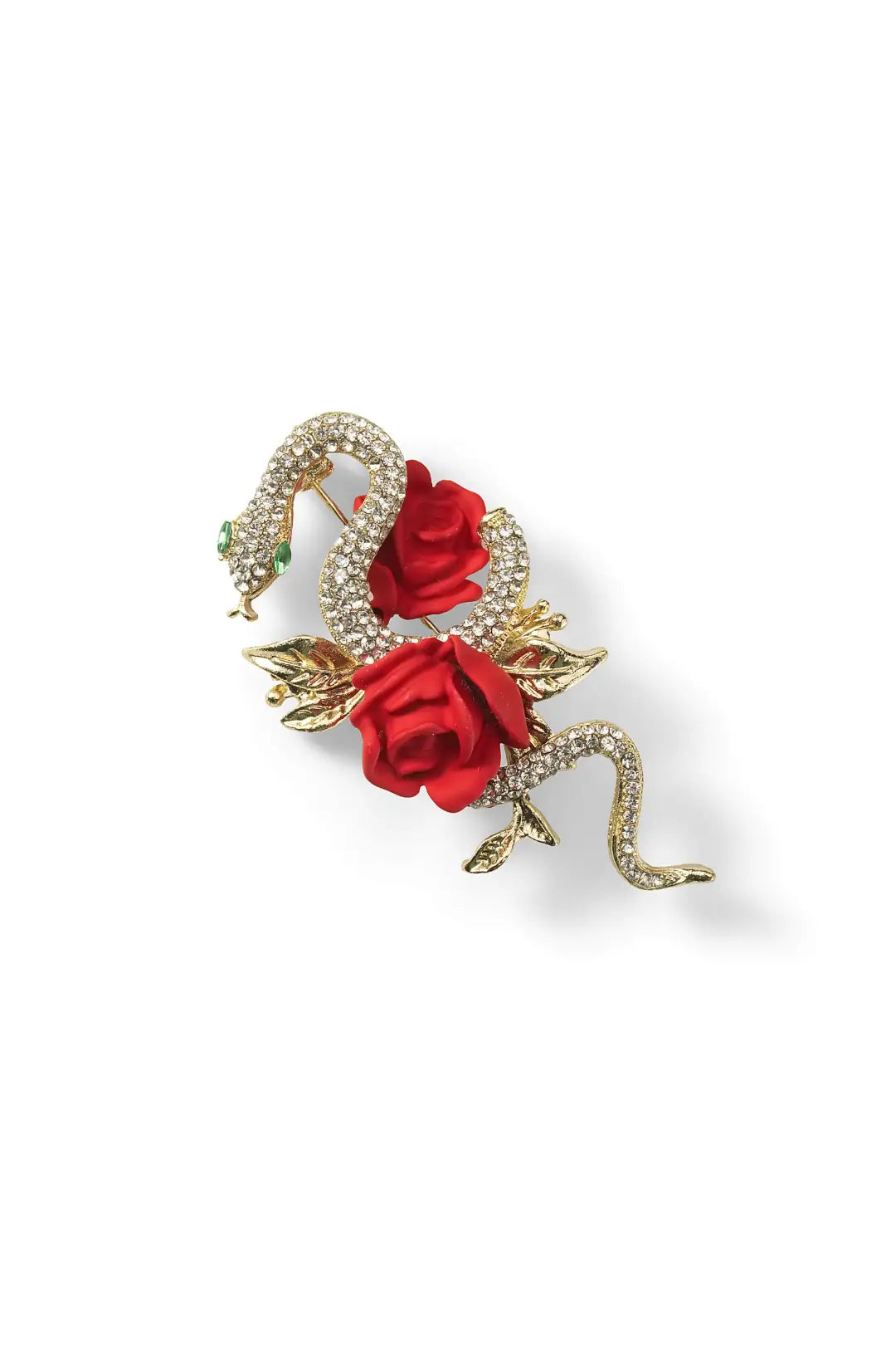 Aiko Tanaka Hebi no Chigiri brooch, a gold crystal-set snake entwined with red roses, angled view on a white background