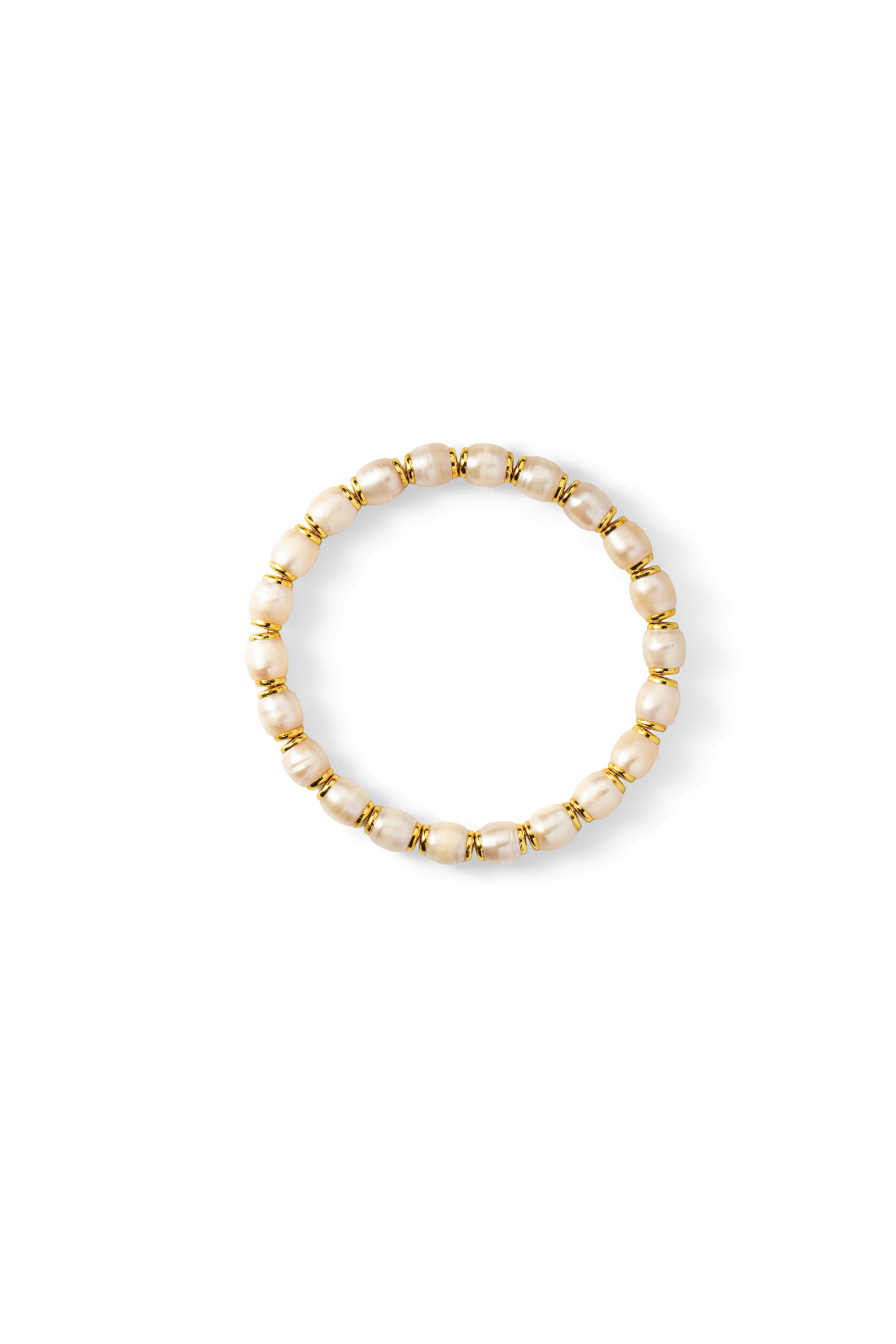 Aiko Tanaka Hinata pearl bracelet, small white pearls spaced with gold beads in a round stretch band, on white