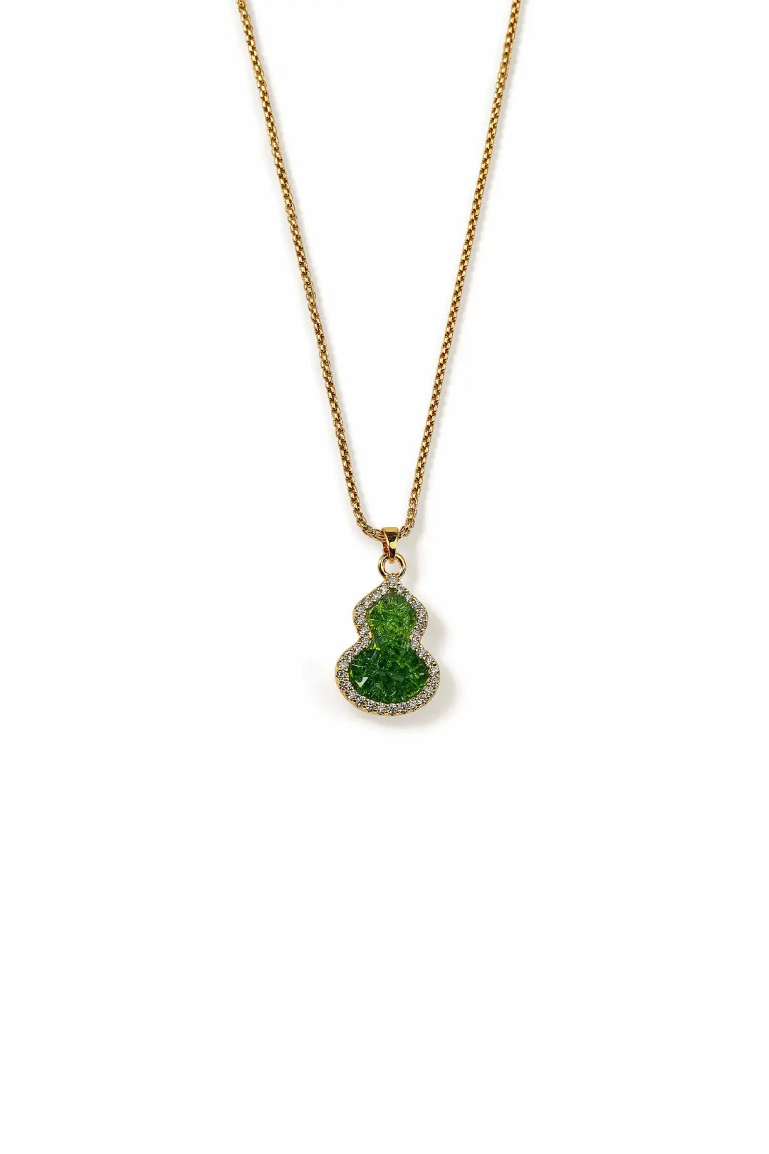 Aiko Tanaka Hisago necklace, a small green gourd pendant hanging from a gold chain, shown on a white background