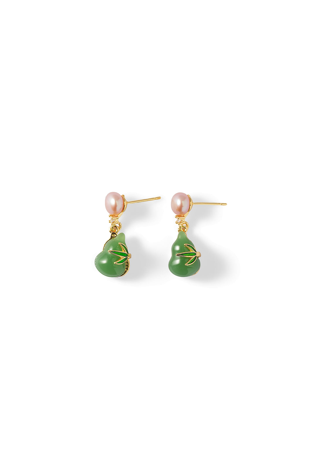 Aiko Tanaka Hisui no Mi earrings, green jade gourd drops hanging from pink pearl studs, on a white background