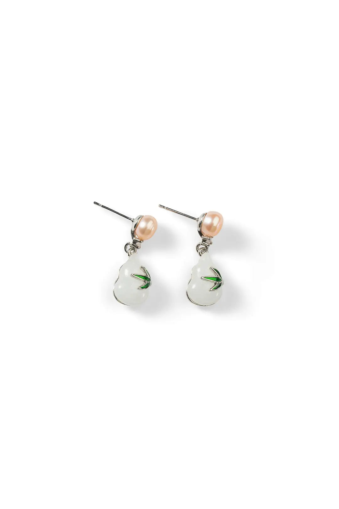 Aiko Tanaka Hisui no Mi earrings as a pair, white enamel gourd drops with green leaves on pearl studs, white background