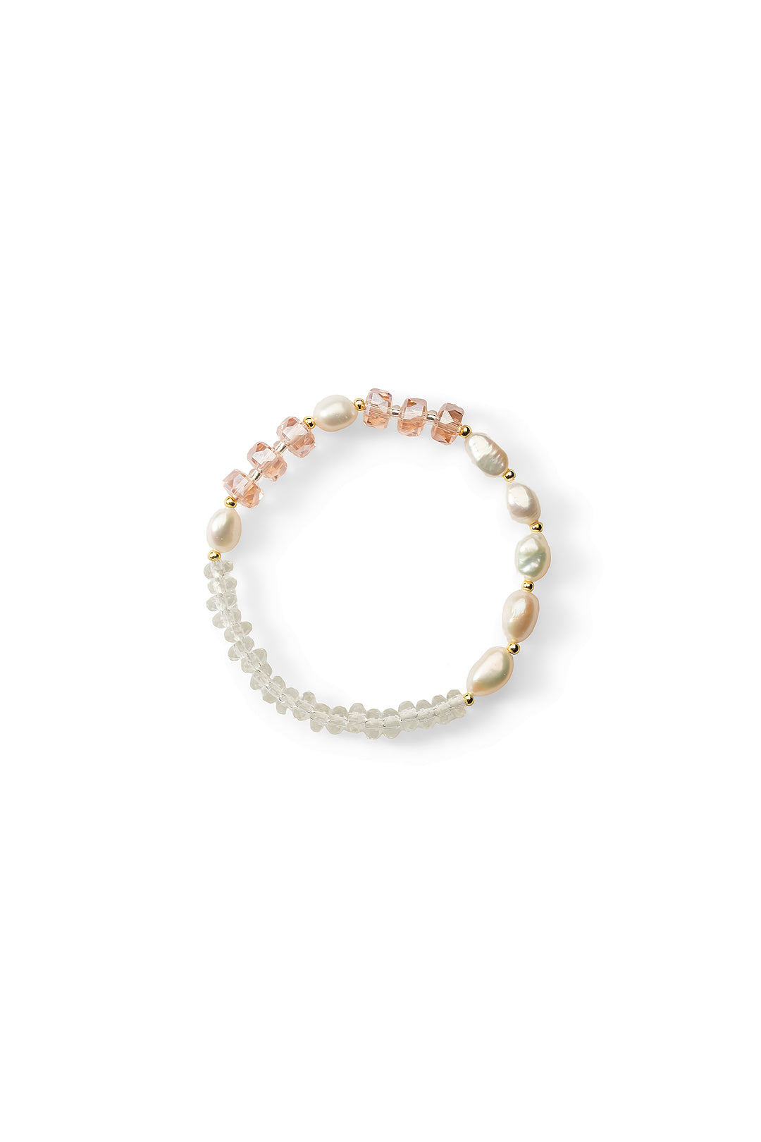 Aiko Tanaka Hoshi no Kakera pearl bracelet in its pink version, white pearls with blush and clear crystal beads