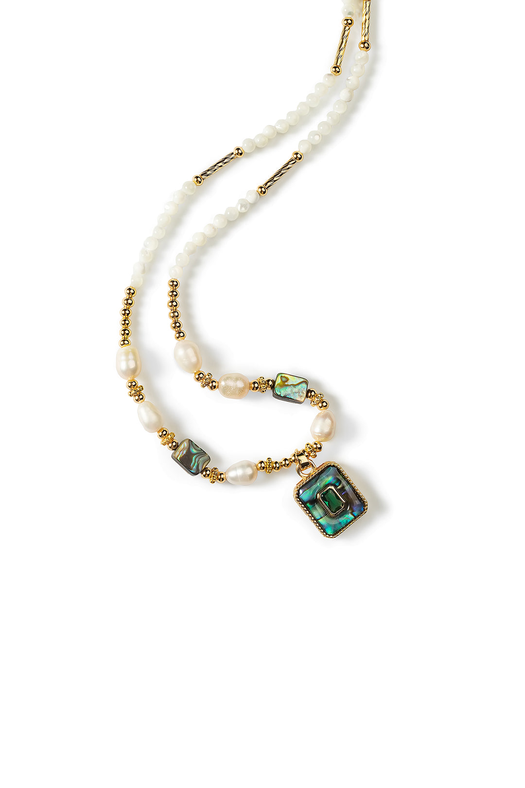 Aiko Tanaka Kai no Hoseki necklace of rice pearls and gold beads with abalone accents and a square abalone pendant