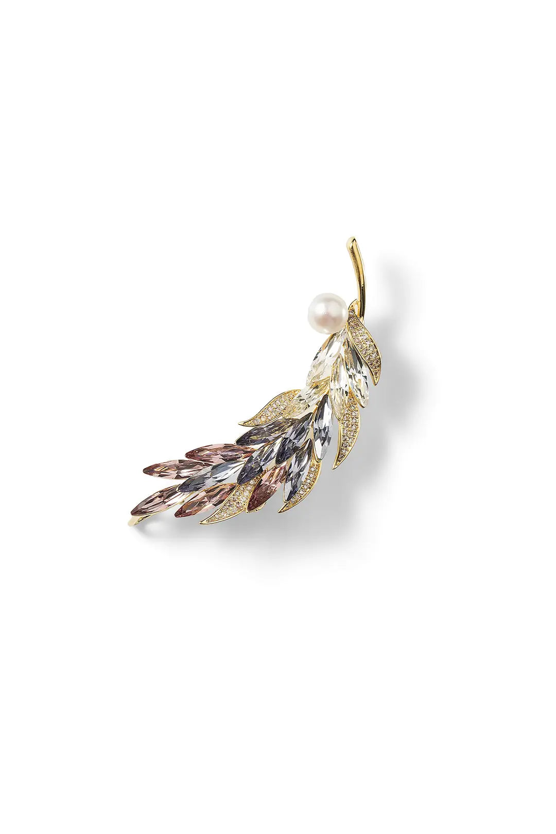 Aiko Tanaka Kazahana brooch, a gold feather with lilac crystal fronds and a white pearl, on a white background