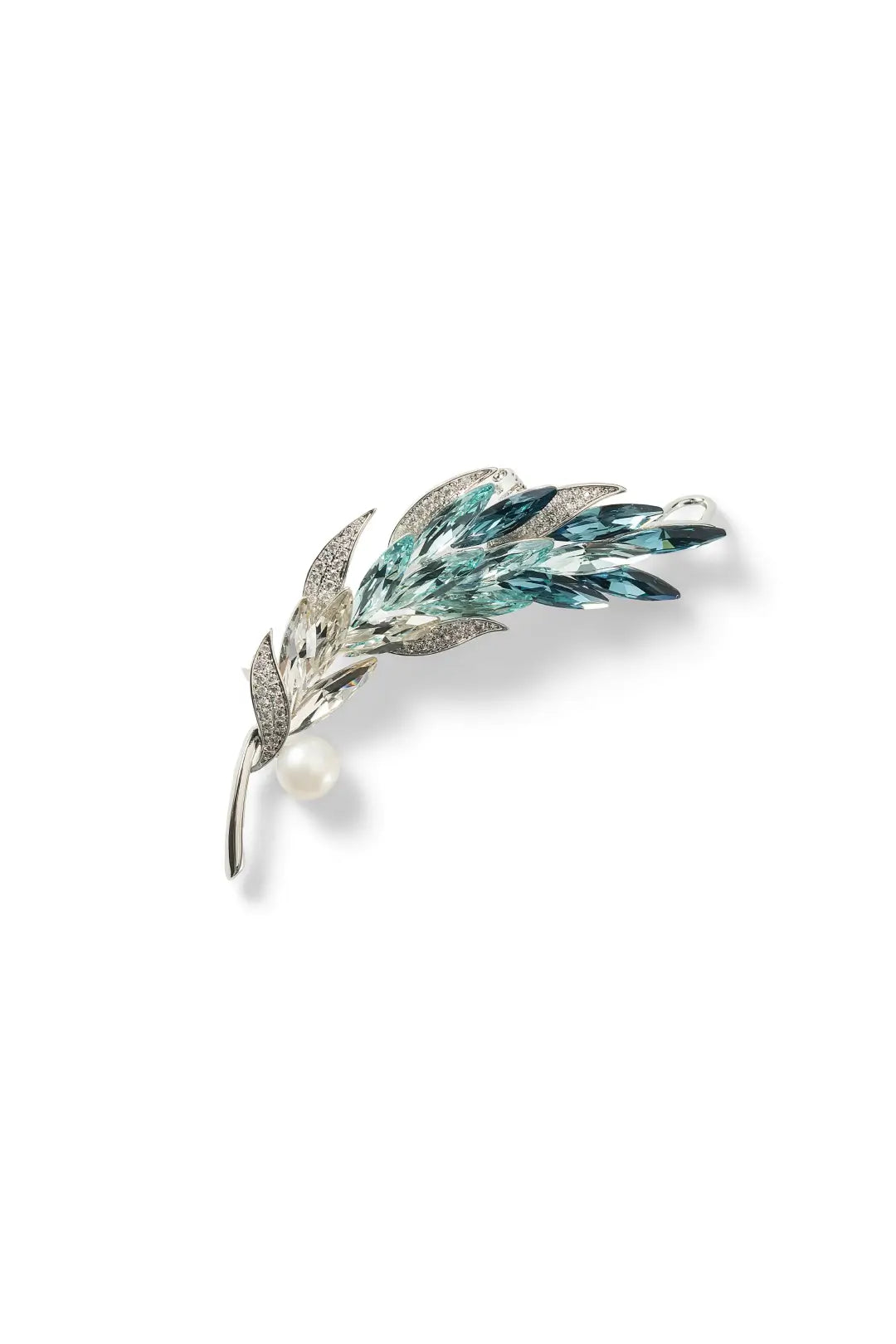 Aiko Tanaka Kazahana brooch, a silver feather with teal and green crystal fronds, shown on a white background