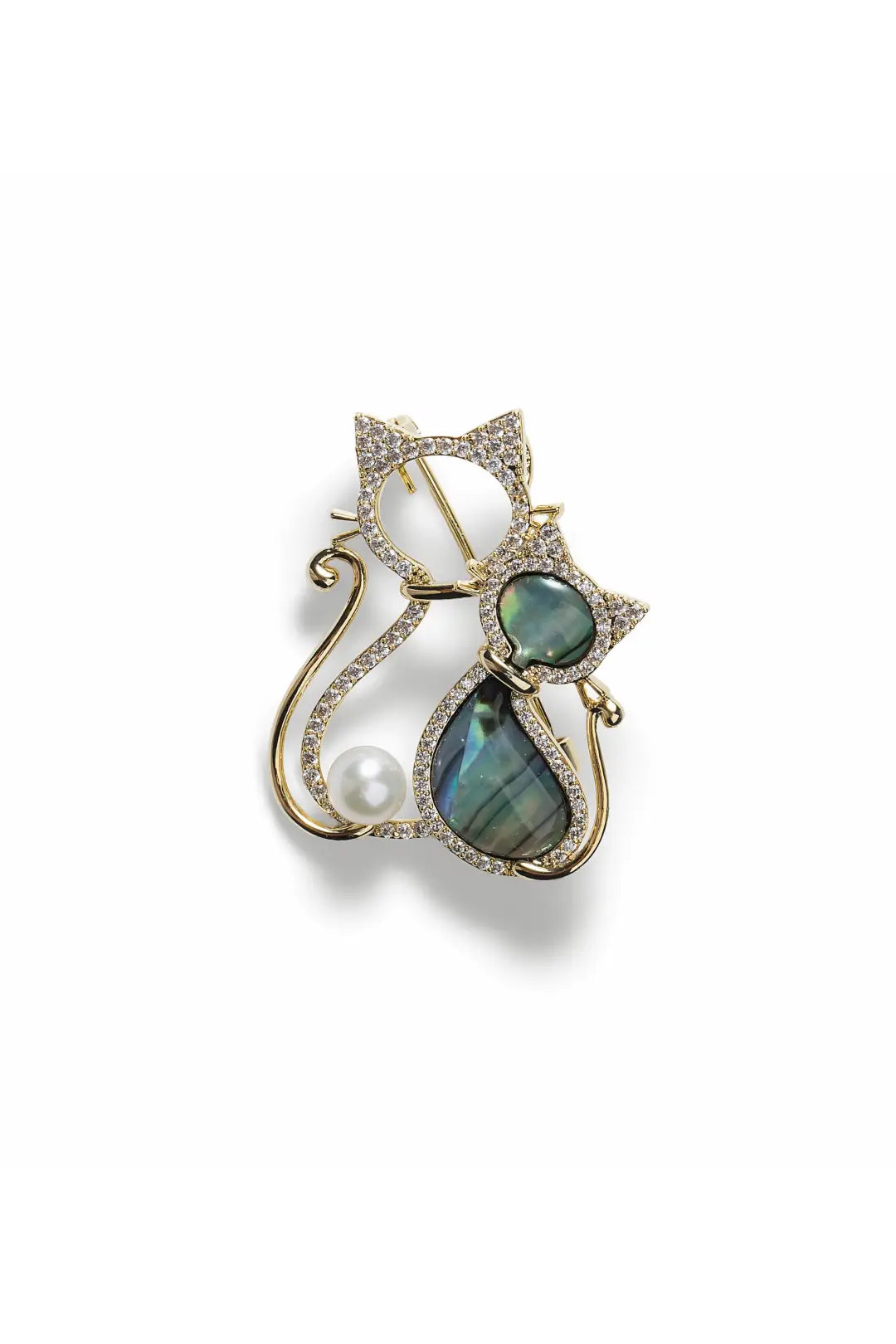 Aiko Tanaka Kimagure brooch, a sitting gold cat outline with teal labradorite stones and a pearl, on white