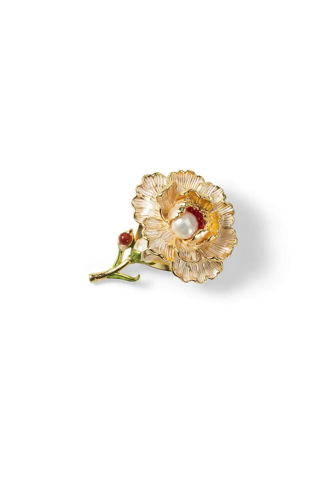 Aiko Tanaka Kohaku no Niwa brooch, a gold sculpted flower on a green stem with a pearl center, on a white background