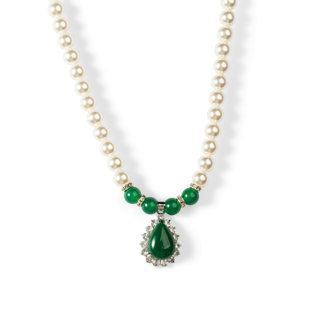 Aiko Tanaka Kokei necklace of white pearls and green beads with a teardrop green stone pendant in a crystal halo
