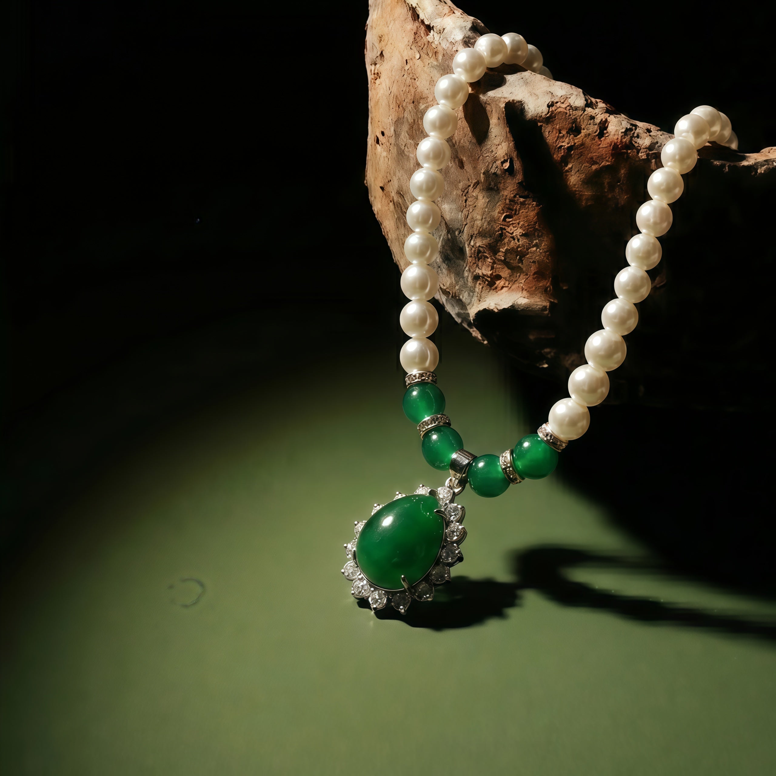 Aiko Tanaka Kokei pearl necklace with a green teardrop pendant hanging over driftwood on a dark green background