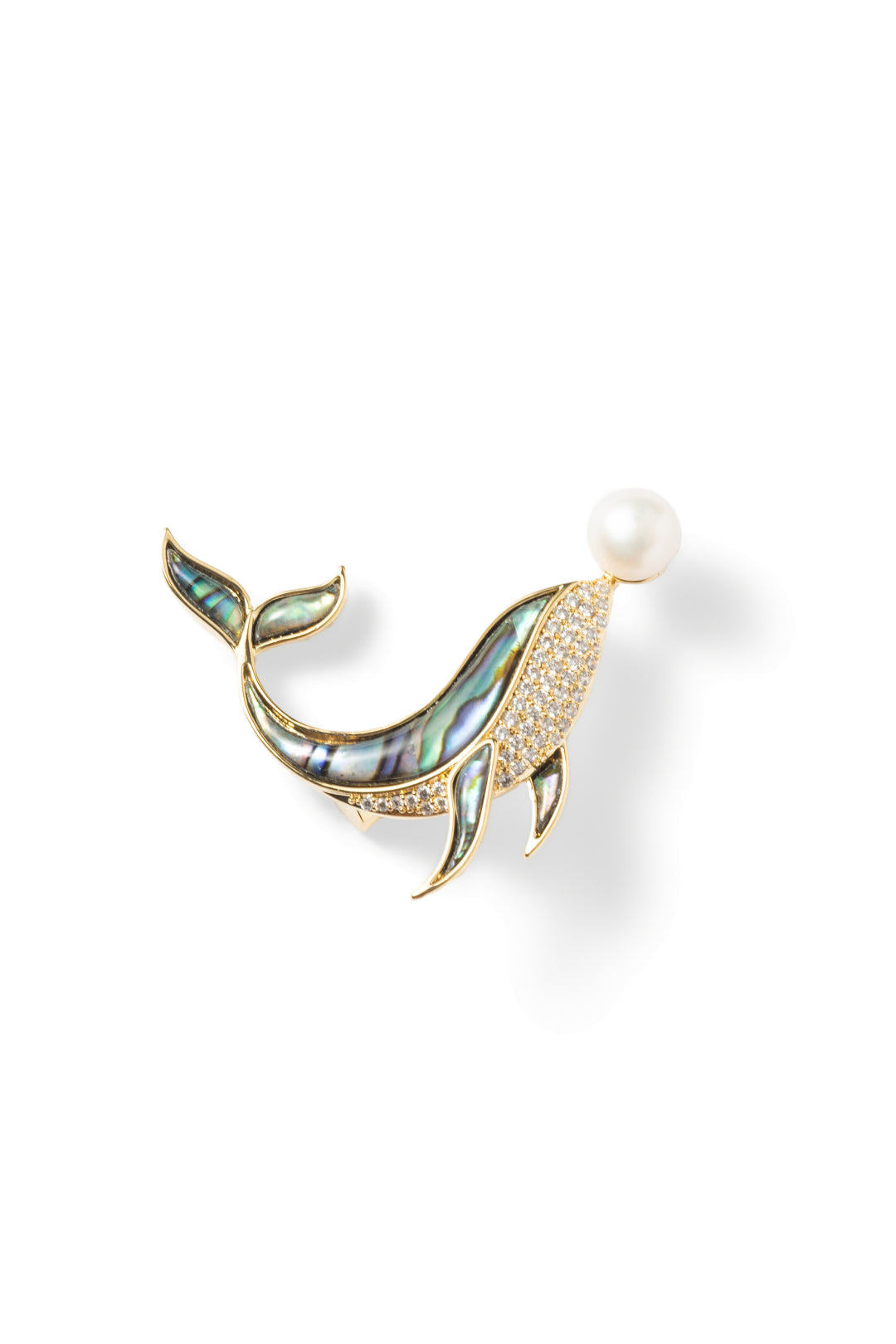 Aiko Tanaka Kujira no Uta brooch, a gold whale with abalone shell body and green tail holding a white pearl