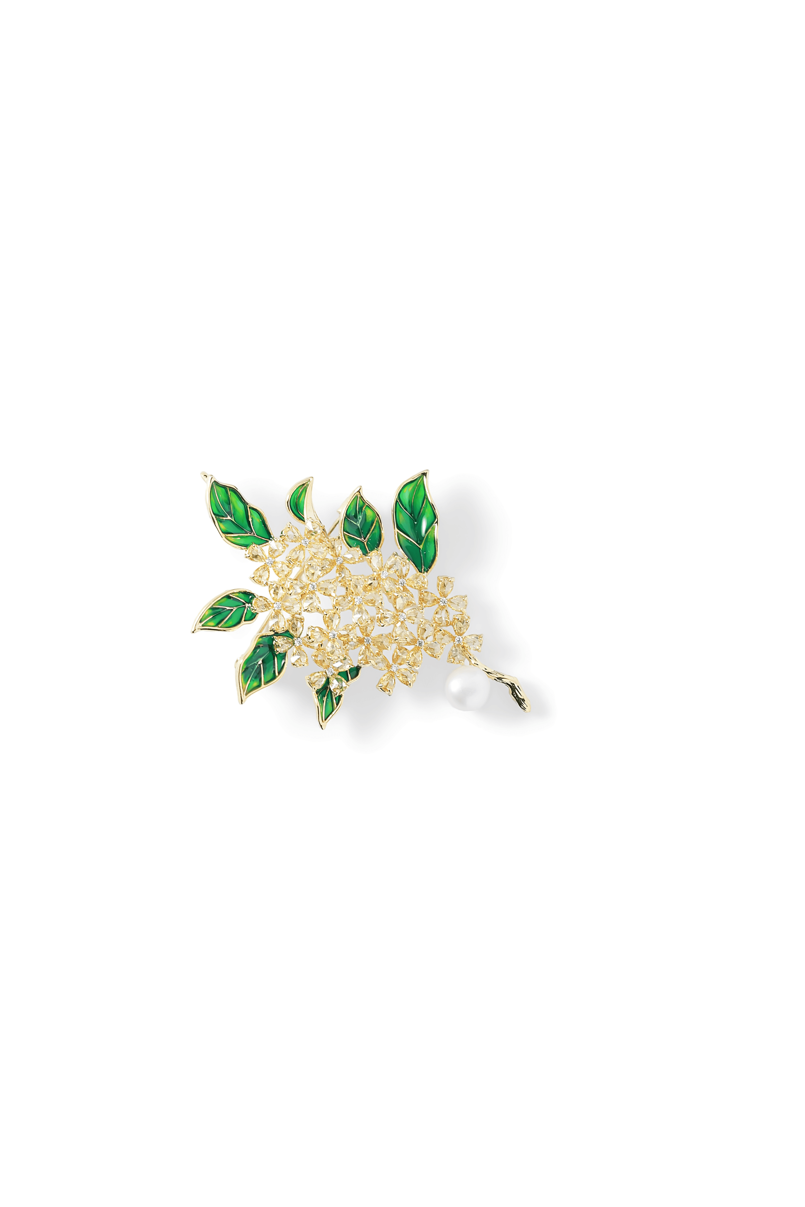 Aiko Tanaka Midori no Nagare brooch, a gold cluster of tiny blossoms with green enamel leaves and a white pearl drop