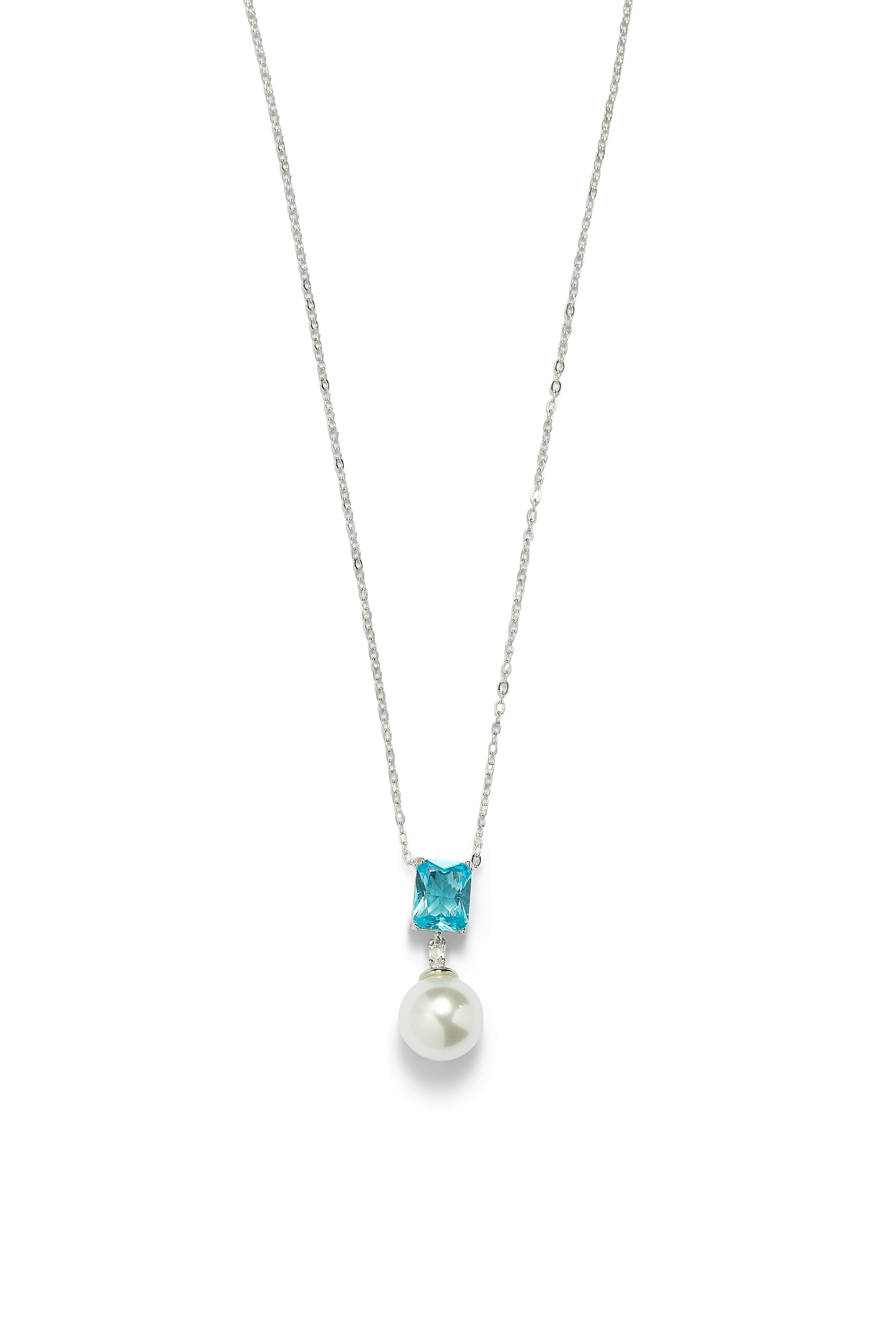 Aiko Tanaka Mizu Fracture pearl pendant necklace with an aqua blue cut stone on a fine silver chain, on white