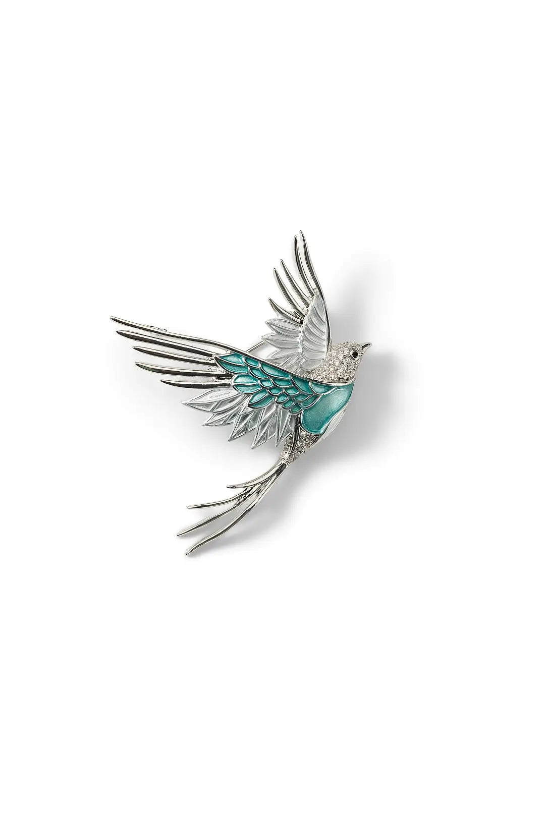 Aiko Tanaka Mizuhane brooch, a silver swallow with teal enamel wings and crystal details, on white