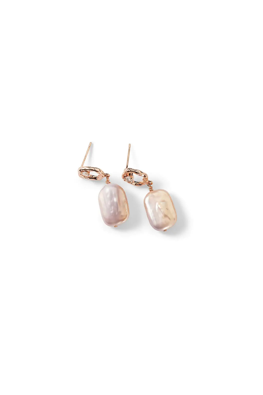 Aiko Tanaka Nagori earrings, a pair of rose gold studs with long baroque pearl drops, shown on a white background