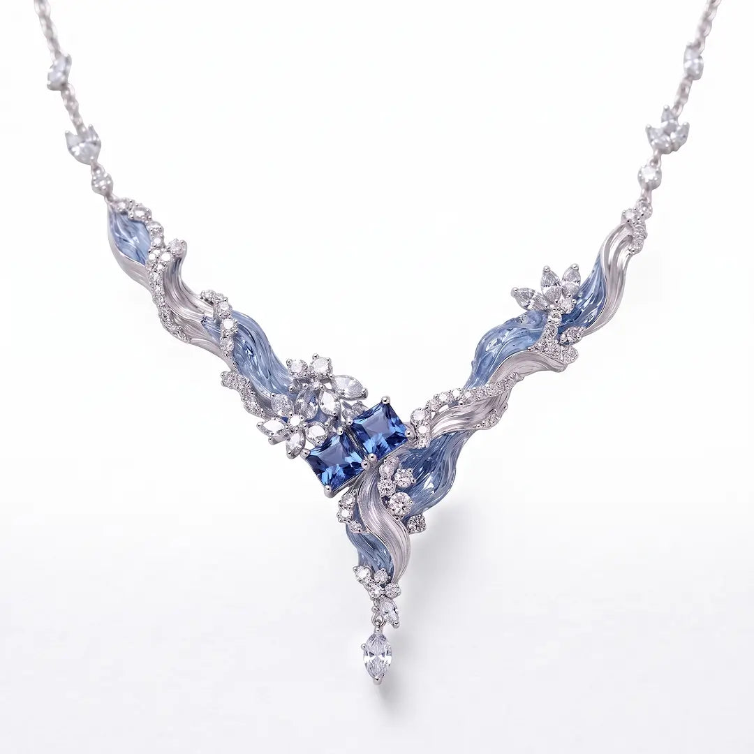 Aiko Tanaka High Jewelry No. 004 necklace, a silver wave collar with blue stones and a V-shaped drop, white background