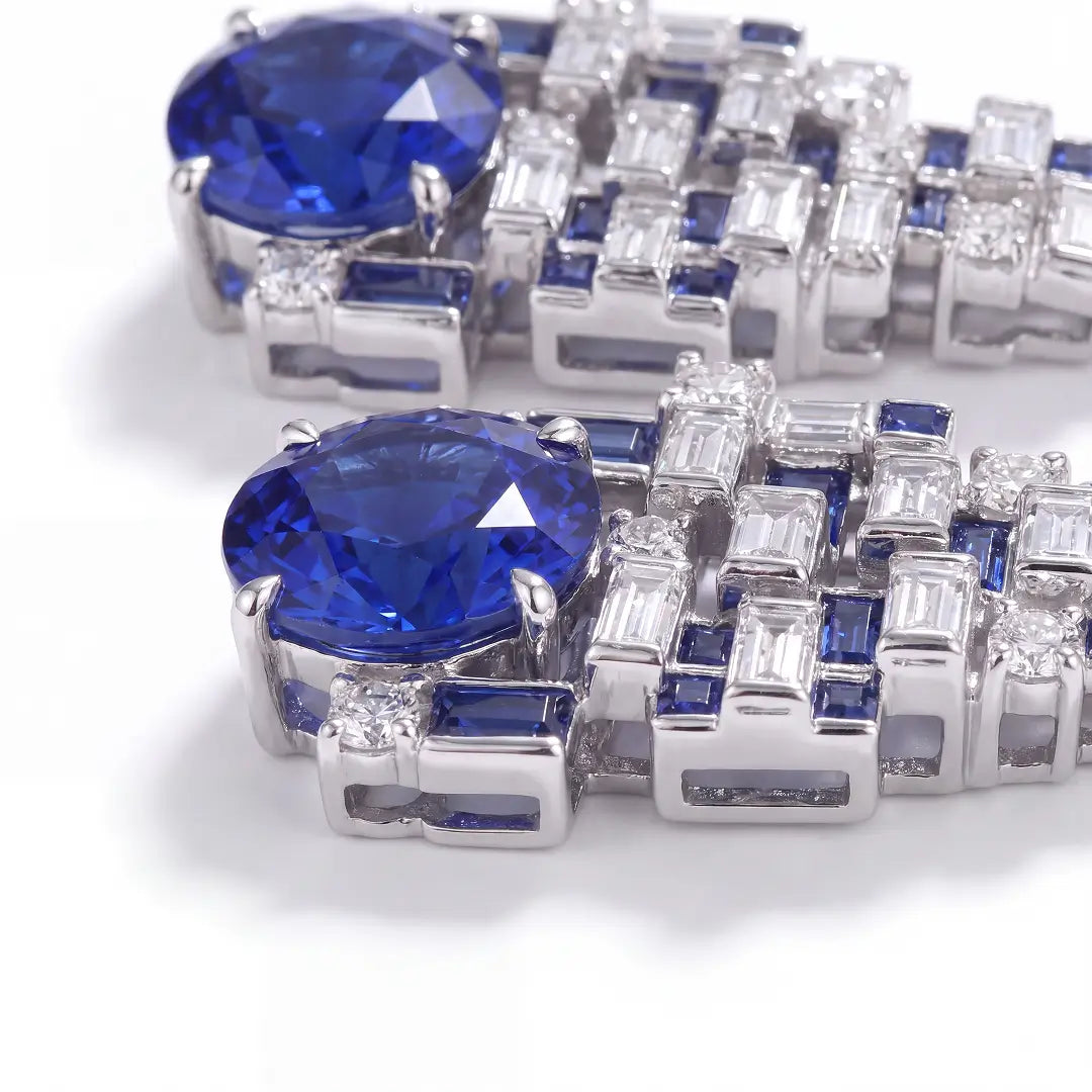 Aiko Tanaka High Jewelry No. 018 earrings, oval blue stones above cascading tiers of blue and clear baguettes