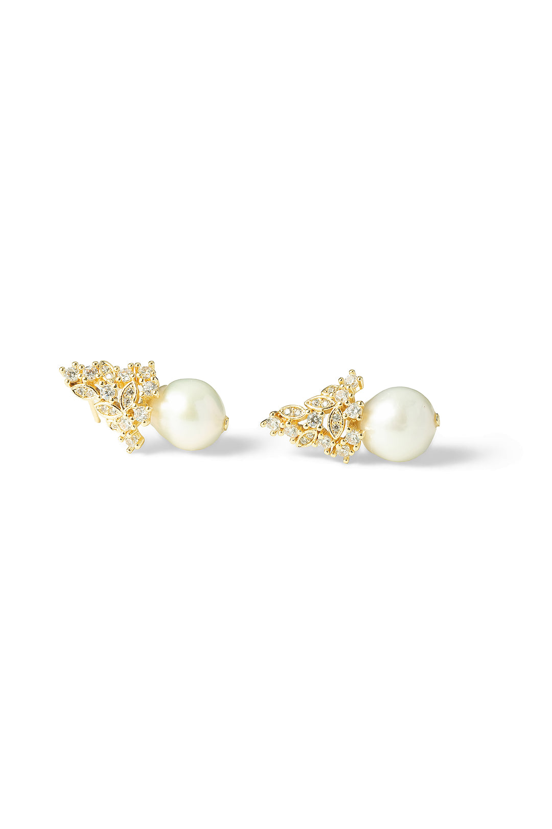 Aiko Tanaka Ritsu no Hikari pearl earrings, gold stud clusters of marquise crystals each holding a white pearl, on white