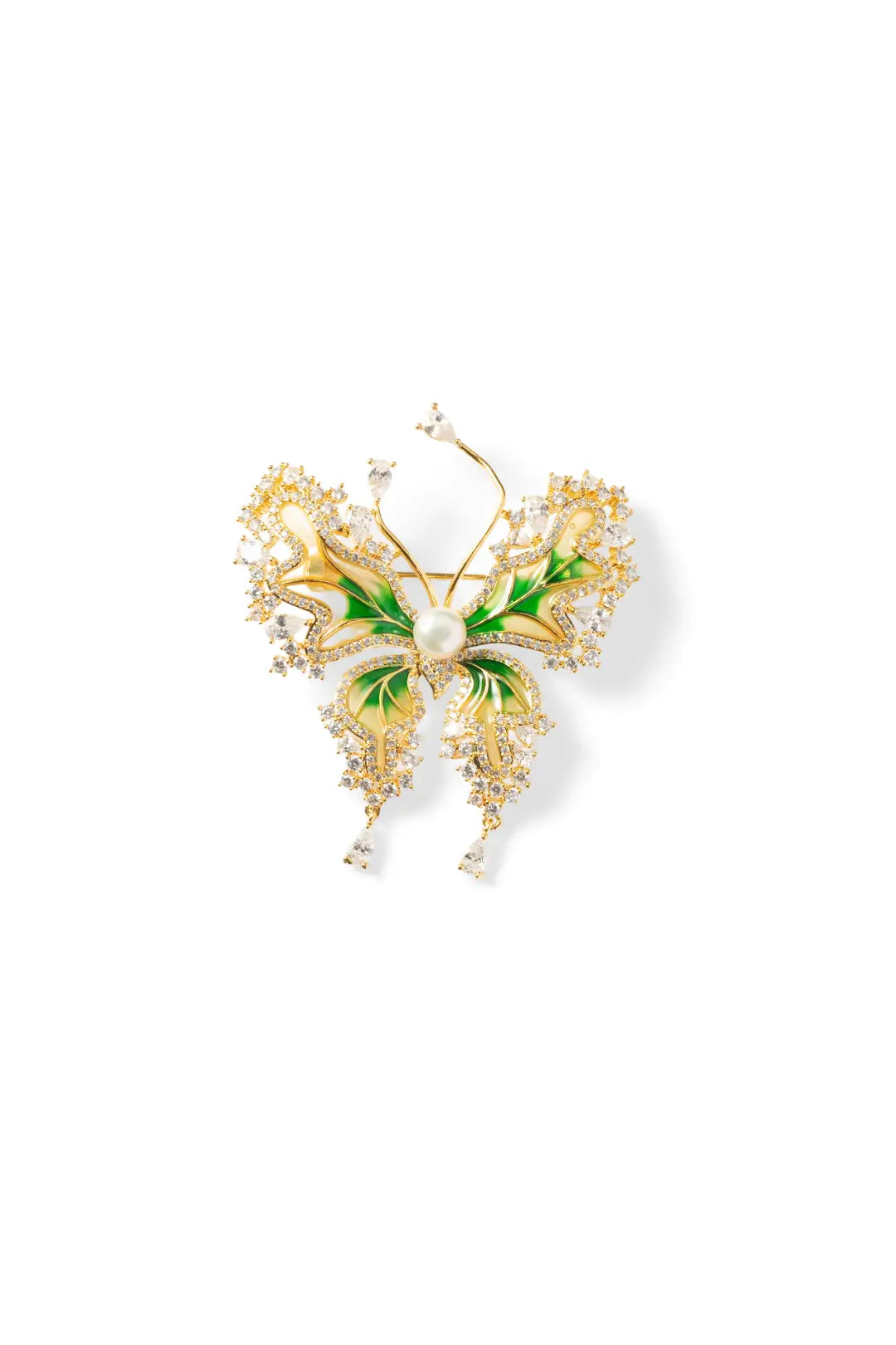 Aiko Tanaka Ryokucho no Mai brooch, a gold butterfly with green enamel wings and crystal pave, on white