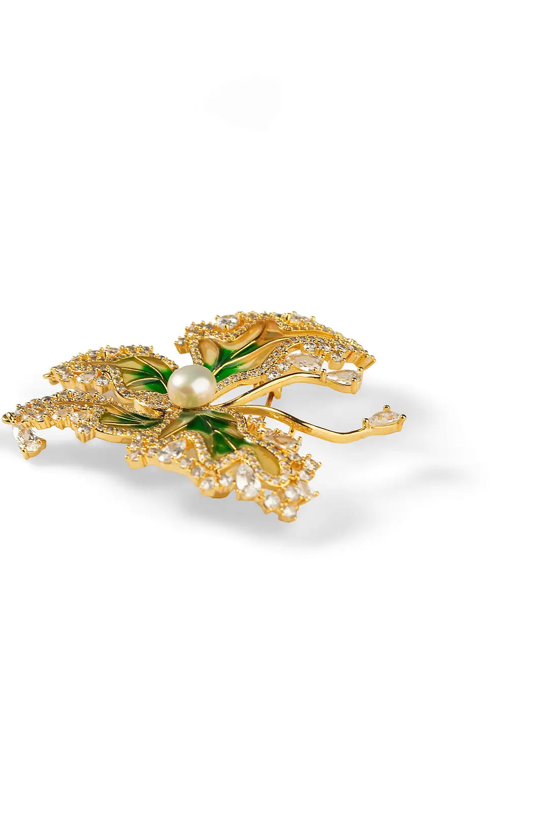 Side view of the Aiko Tanaka Ryokucho no Mai butterfly brooch with green enamel wings and gold crystals