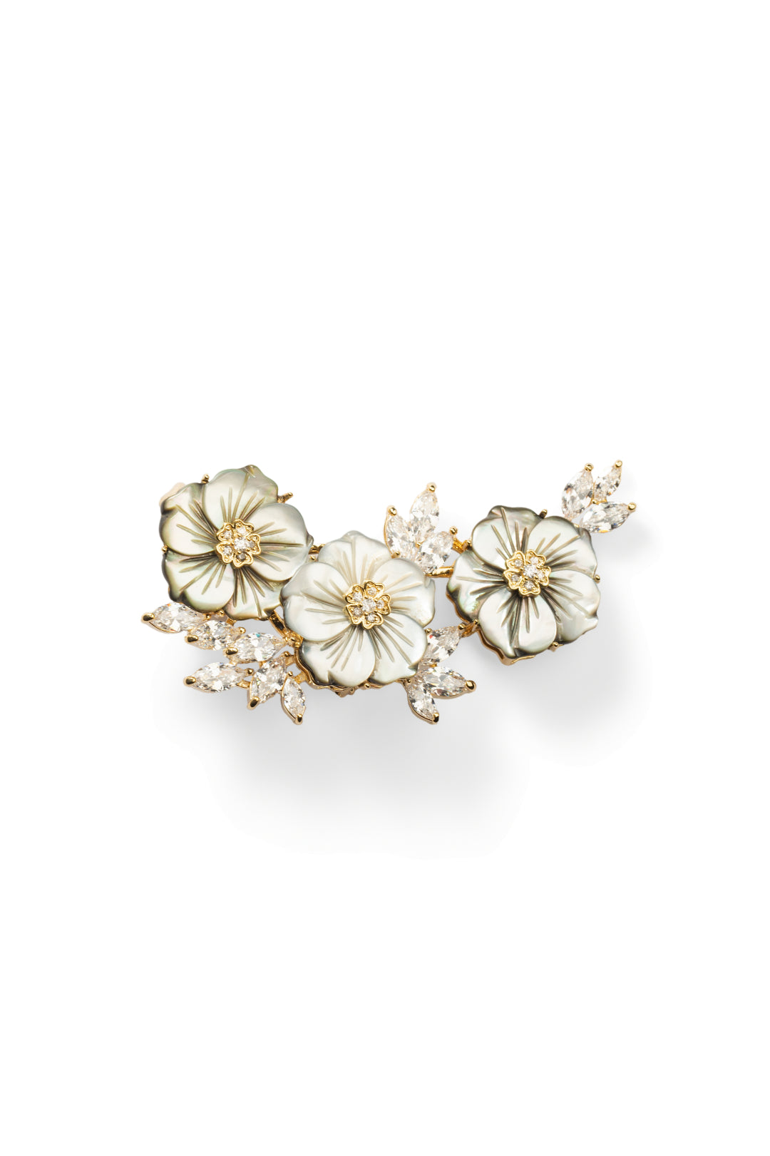 Aiko Tanaka Shirohana no Uta brooch, a branch of mother-of-pearl flowers and gold crystal leaves, on white